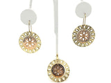 Italian 14k Two Tone Gold Flower Round Disc Earrings & Pendant Set 5.8g