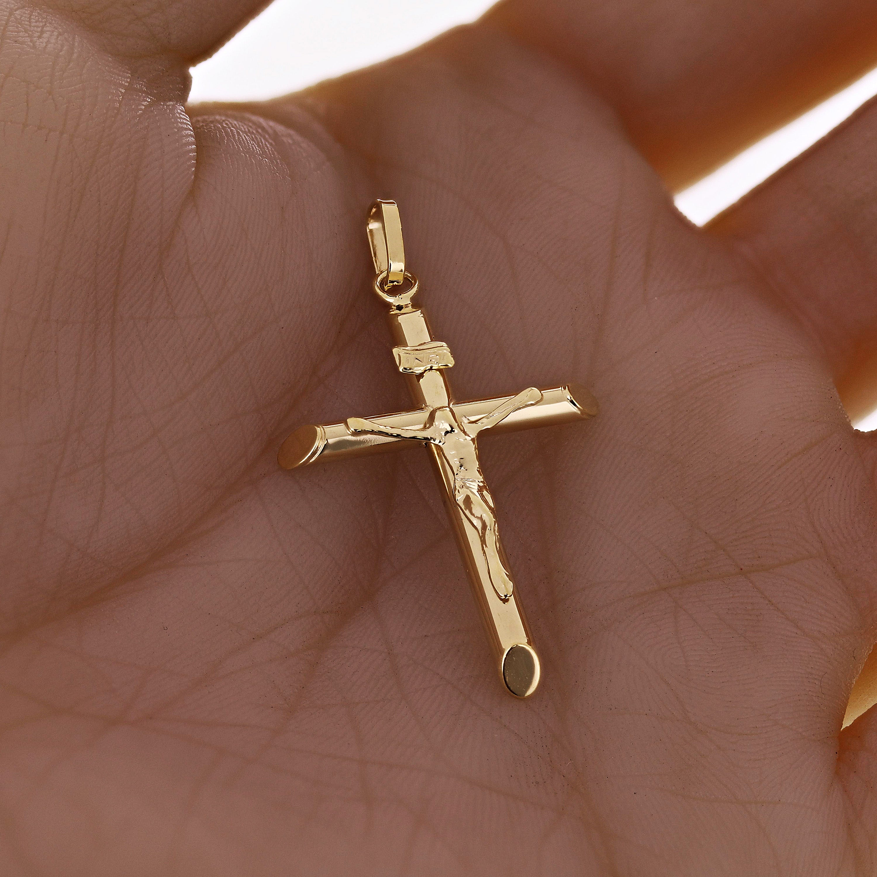 Italian 14k Yellow Gold Hollow INRI Crucifix Cross Charm Pendant 1.8 grams