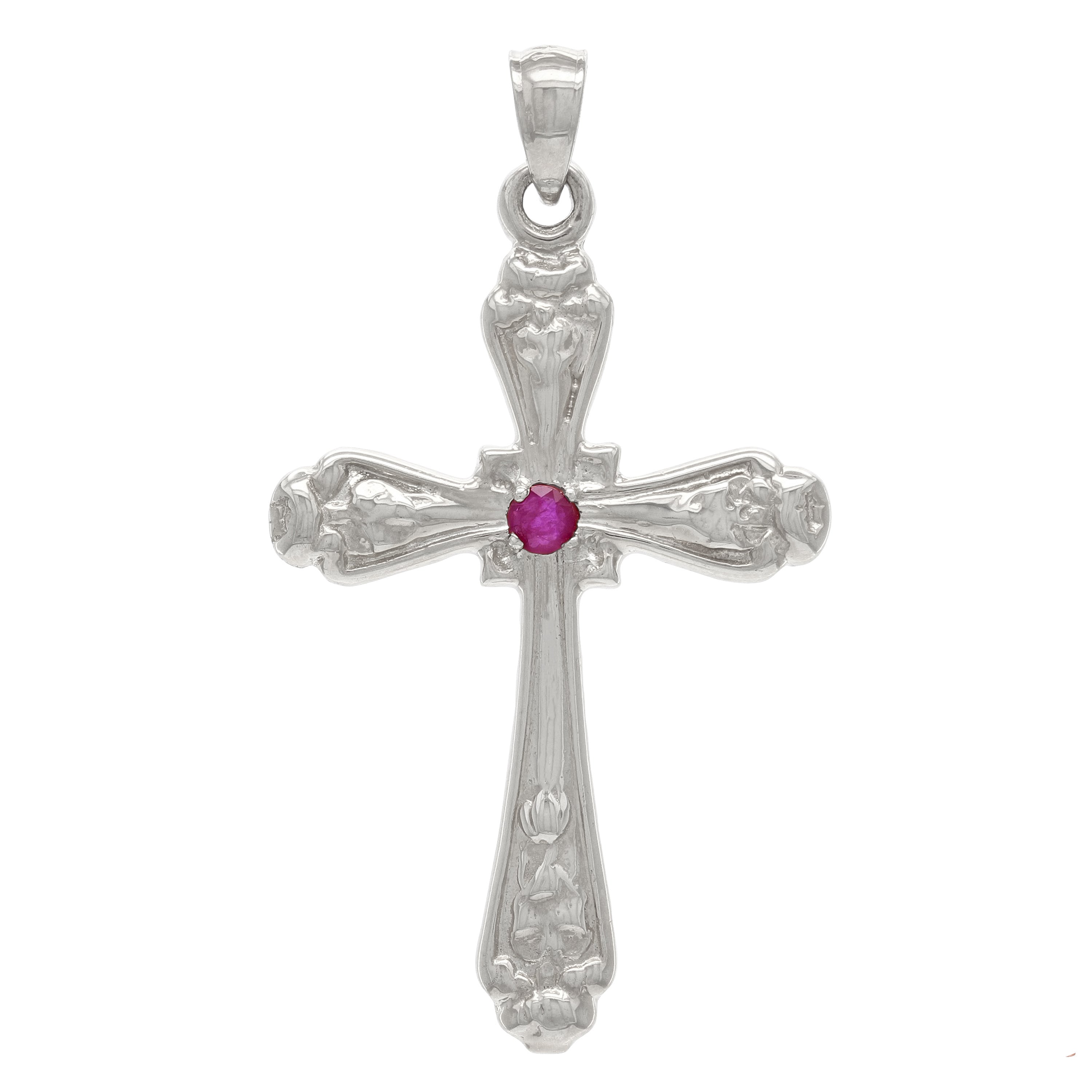 14k White Gold Ruby Gemstone Religious Cross Charm Pendant 5.4 grams - White