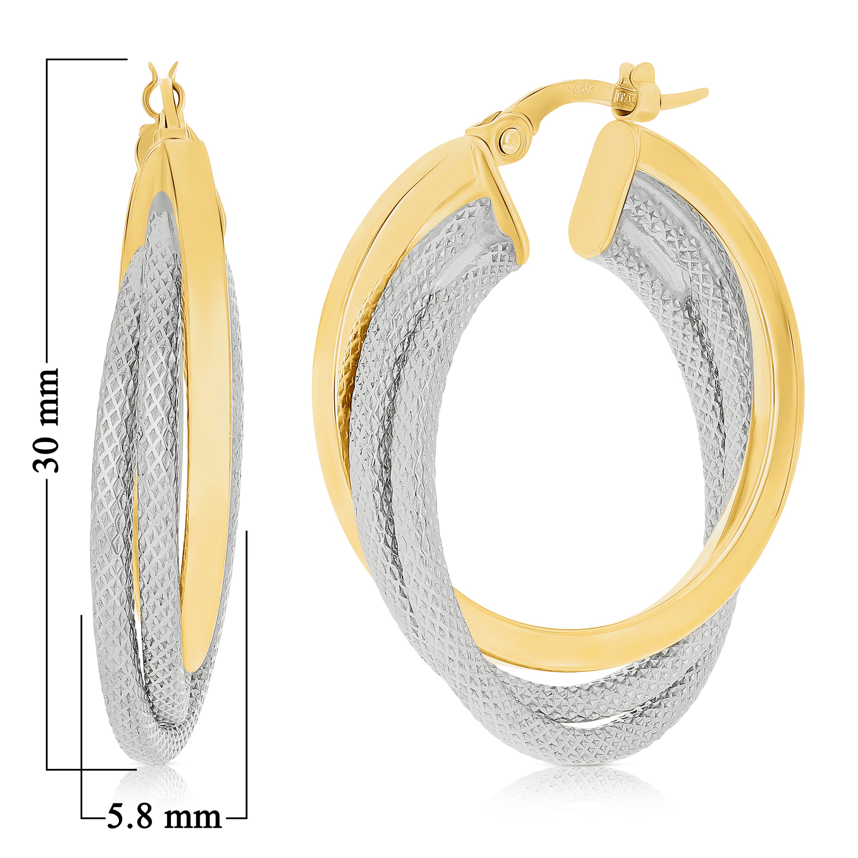 Italian 14k Yellow & White Gold Lattice & Shine Triple Entwined Hoop Earrings