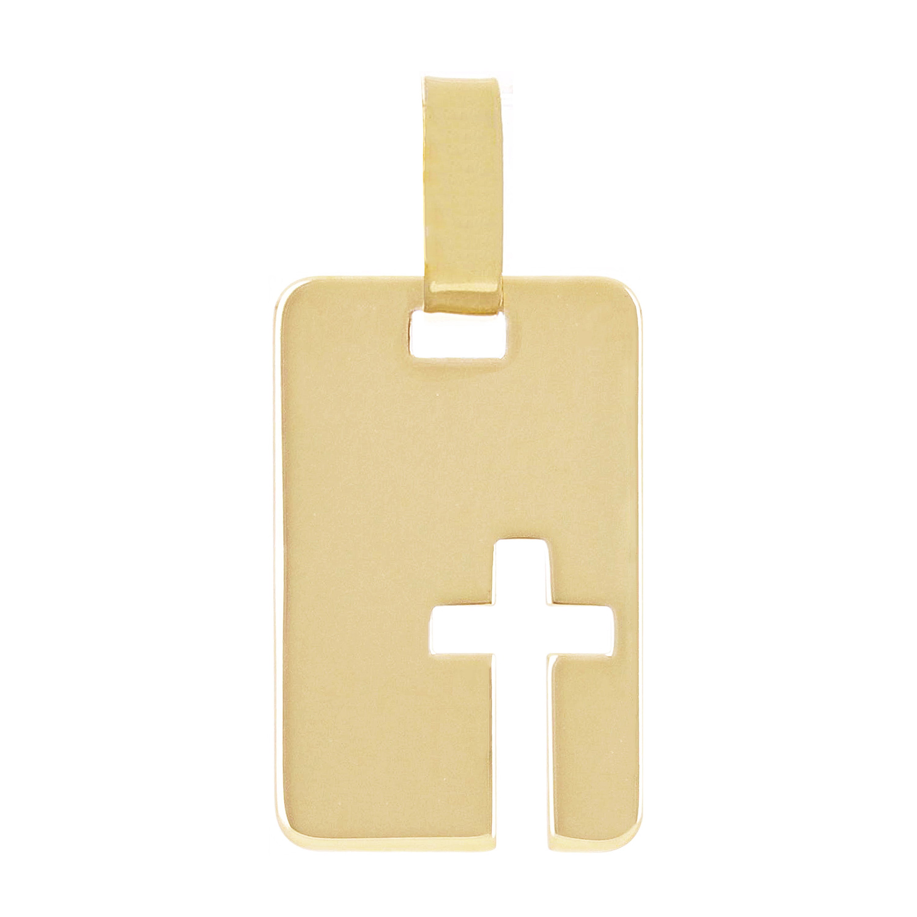 Italian 14k Yellow Gold  Cross Cut Out Disc Rectangle Charm Pendant 0.5 gram - Small
