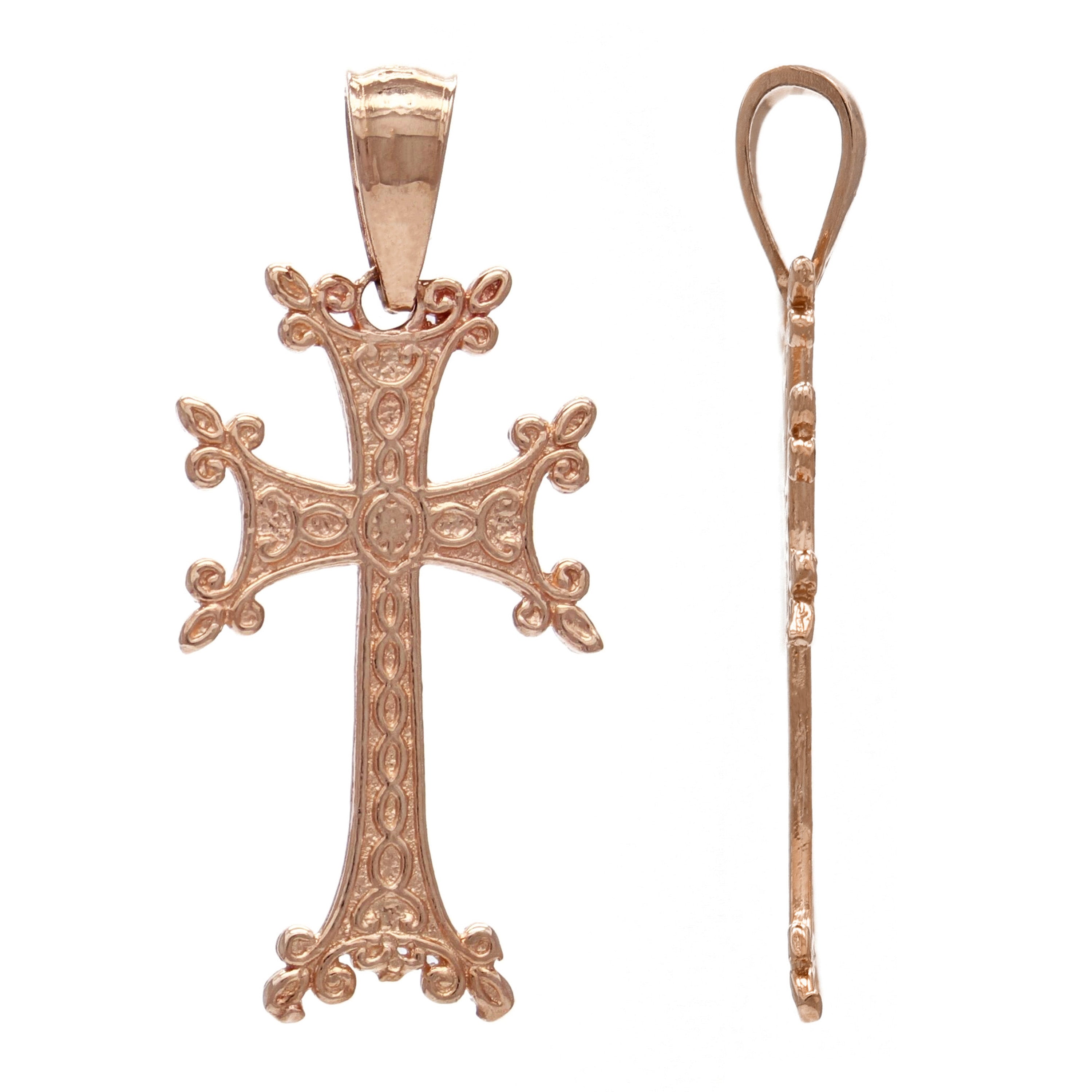 14k Rose Gold Khachkar Armenian Cross Religious Charm Pendant 1.2" 1.4 grams - Rose