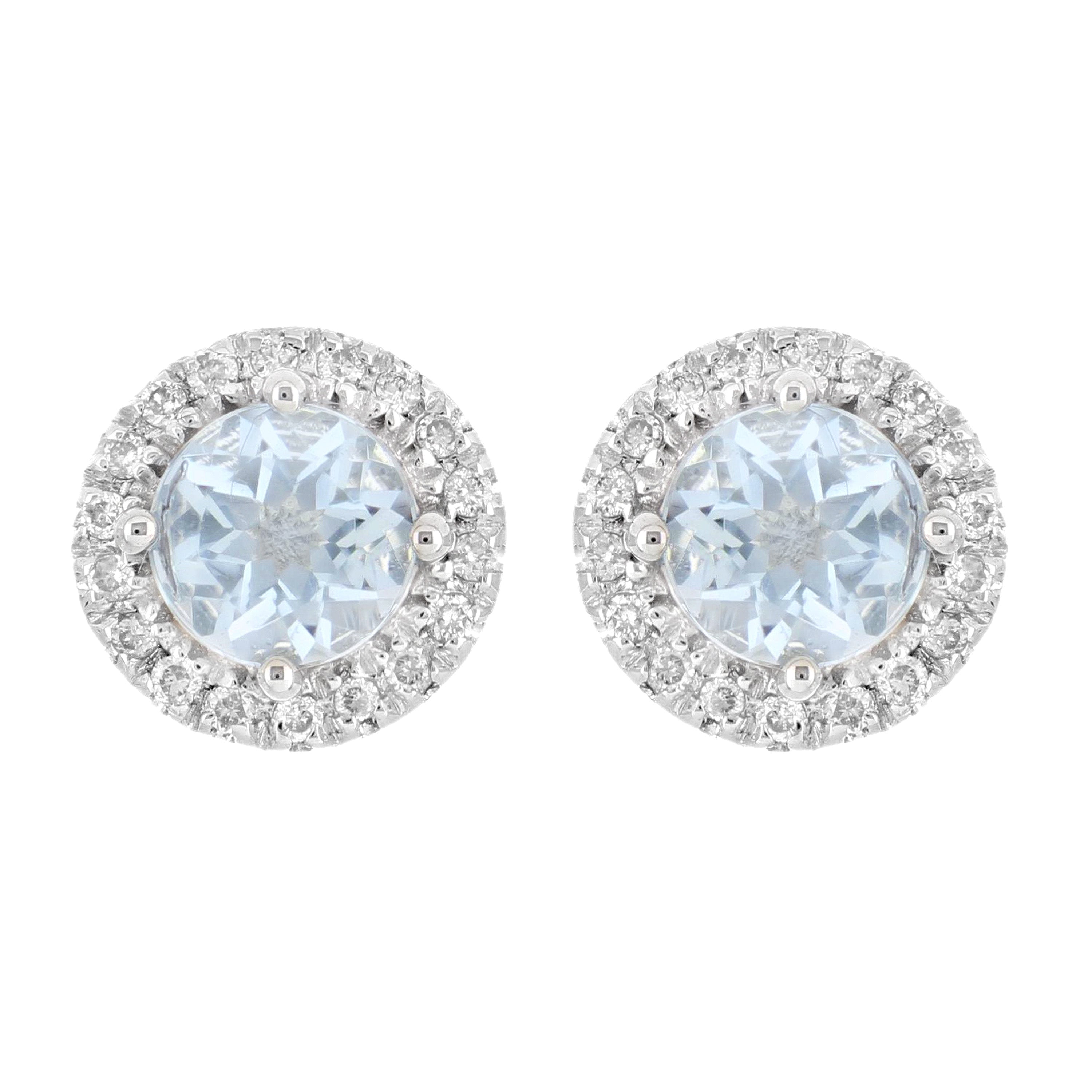 14k White Gold Aquamarine & Diamond Halo Stud Earrings