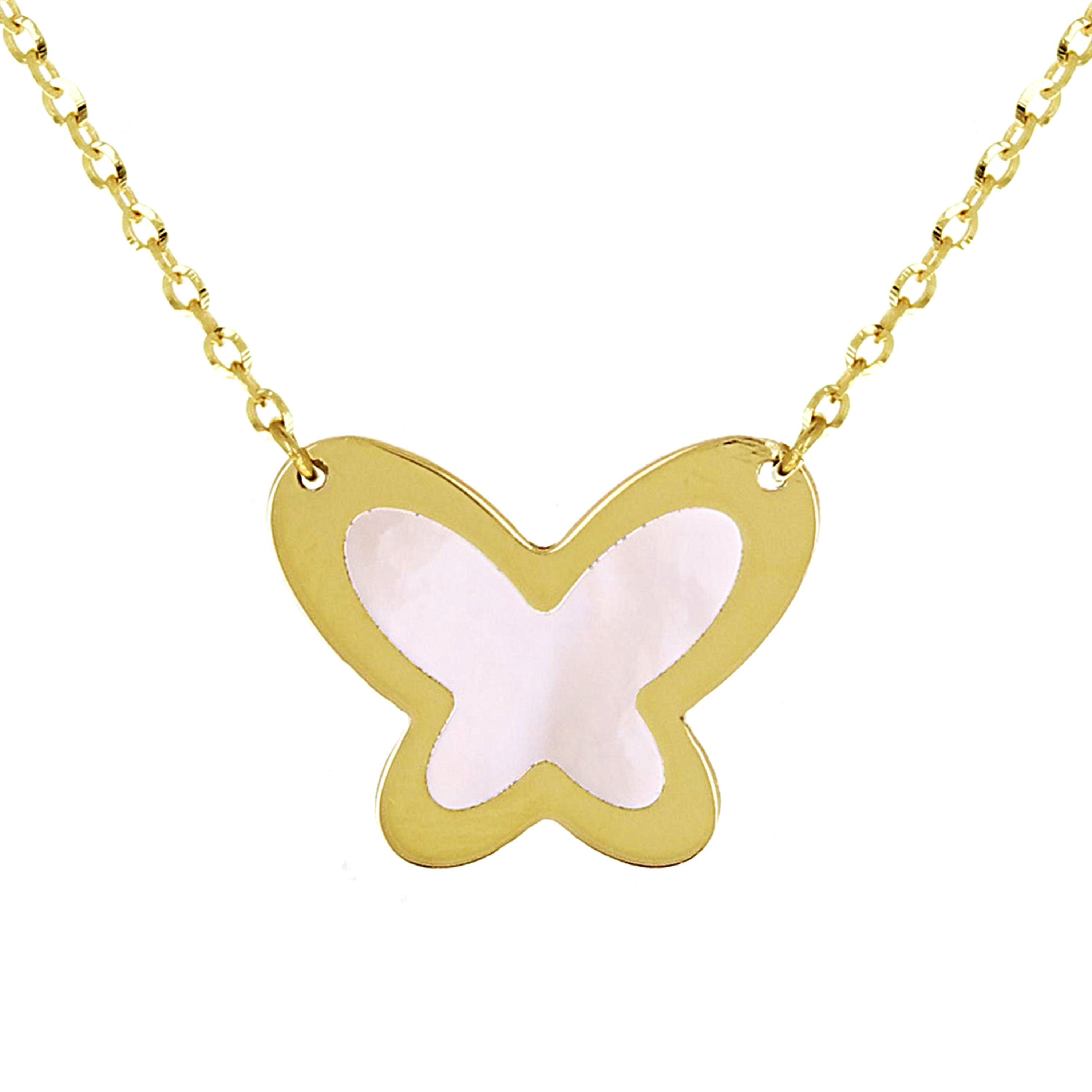 Italian 14k Yellow Gold Pearl Butterfly Charm Pendant Necklace 16.5-17.5" 2.1 grams