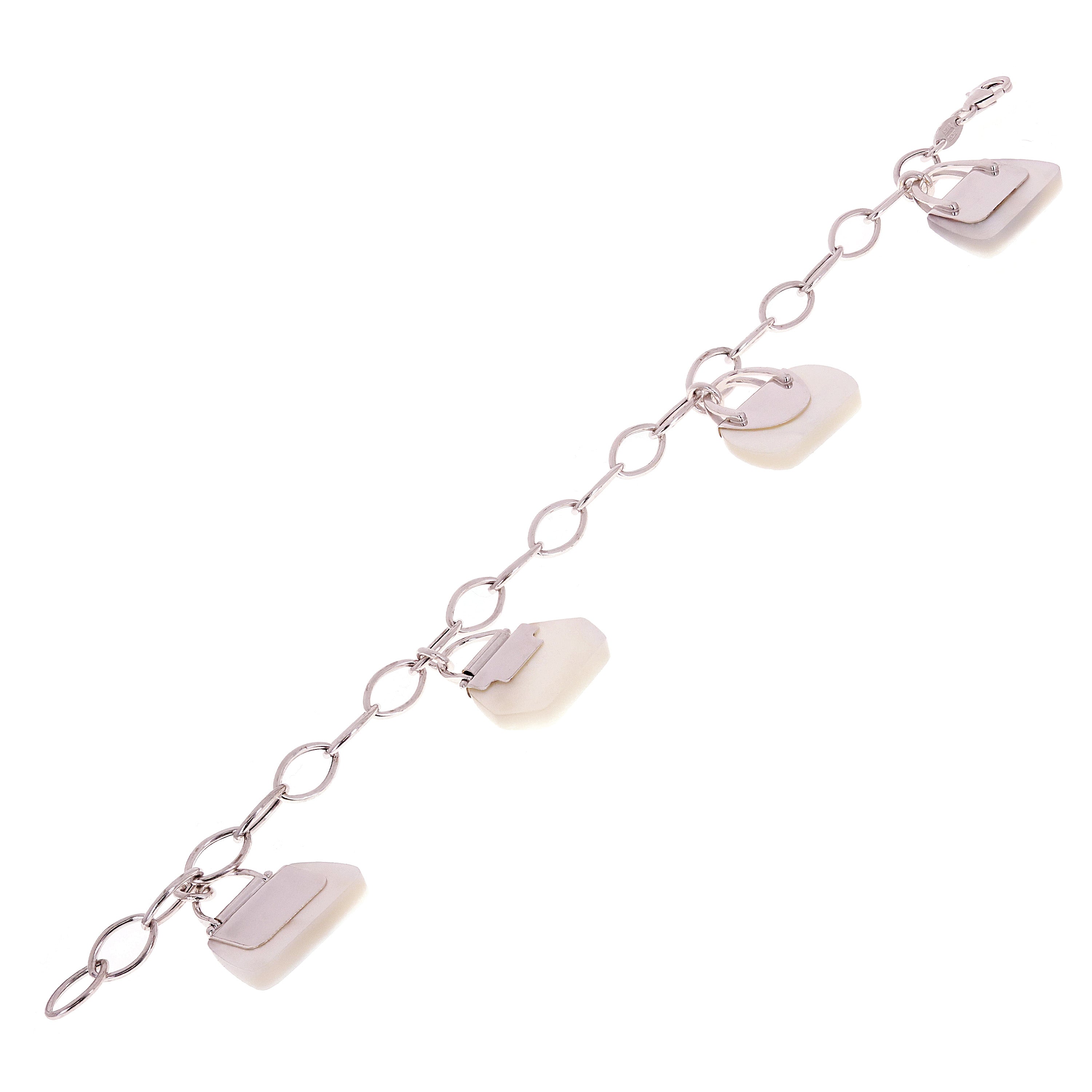 14k White Gold Mother of Pearl Bag Purse Charm Bracelet 7.5" - Bag