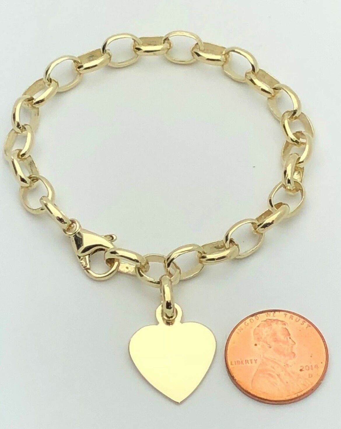14k Yellow Gold Oval Link Heart Charm Bracelet 8" 18 grams