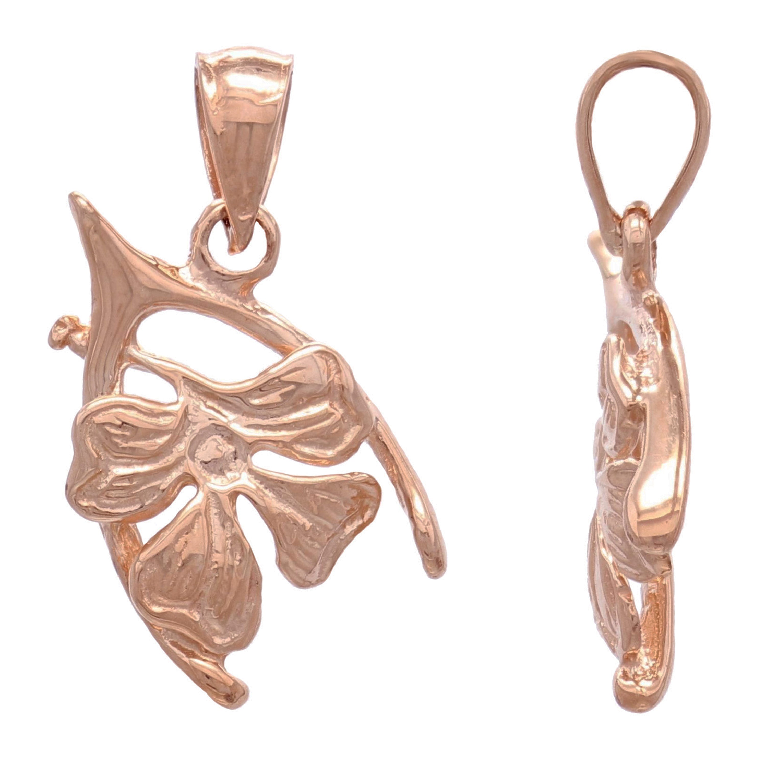 14k Rose Gold Wish Bone with Clover Lucky Pendant - Rose