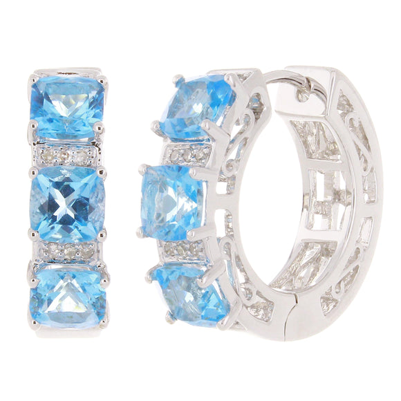 10k White Gold 0.10ctw Blue Topaz & Diamond Chunky Huggie Hoop Earrings