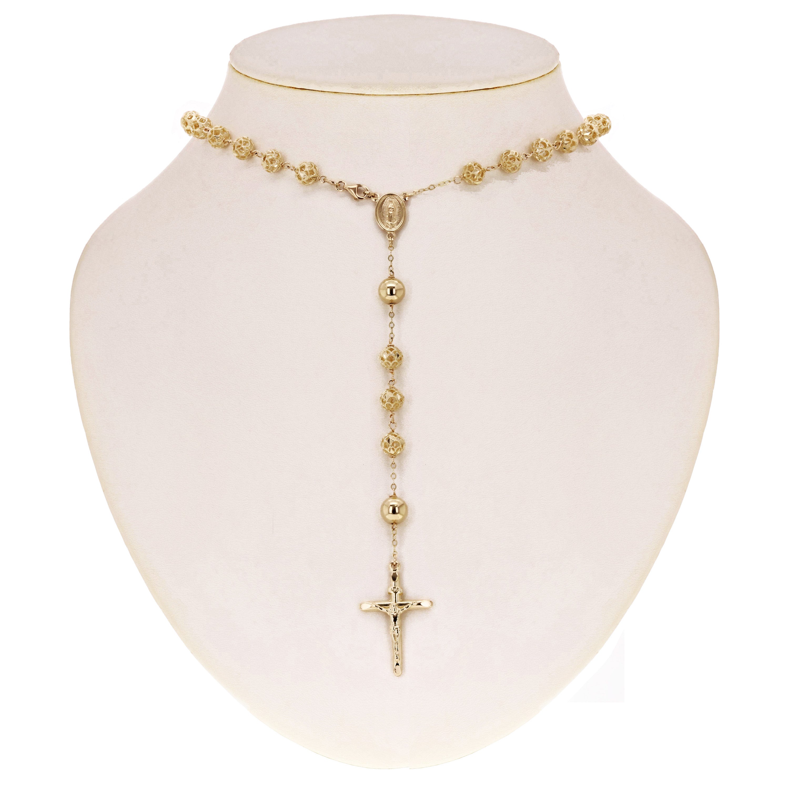 Italian 14k Yellow Gold Diamond-Cut Beaded Rosary Necklace 7mm 29" 32.6 grams