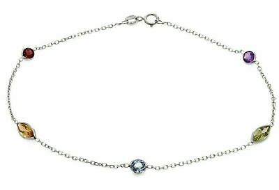 14k White Gold Natural Multi Color Marquise & Round Gemstones Anklet Bracelet 9" - White