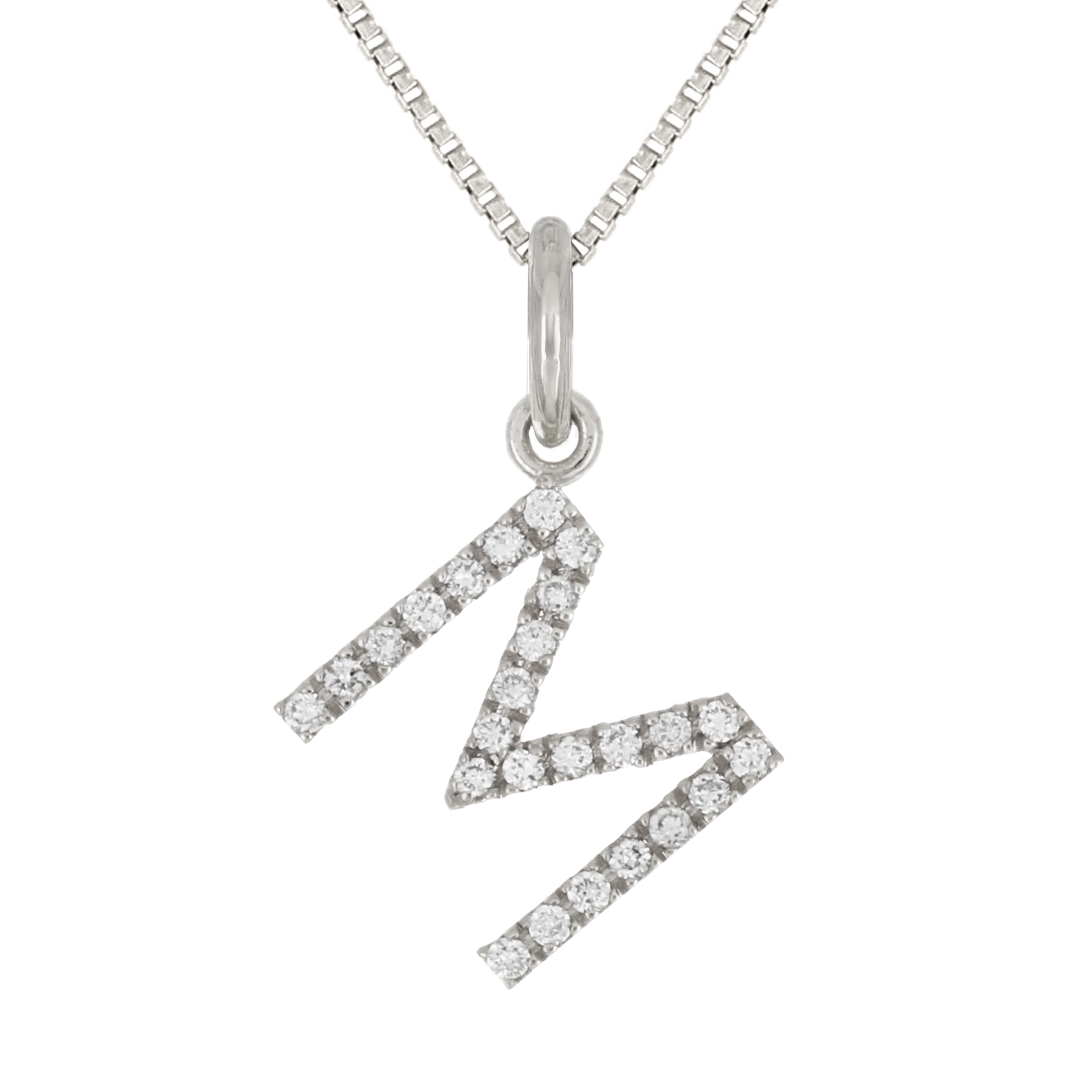 14k White Gold Diamond Initial Letter M Charm Pendant Necklace 18" - Letter M,White