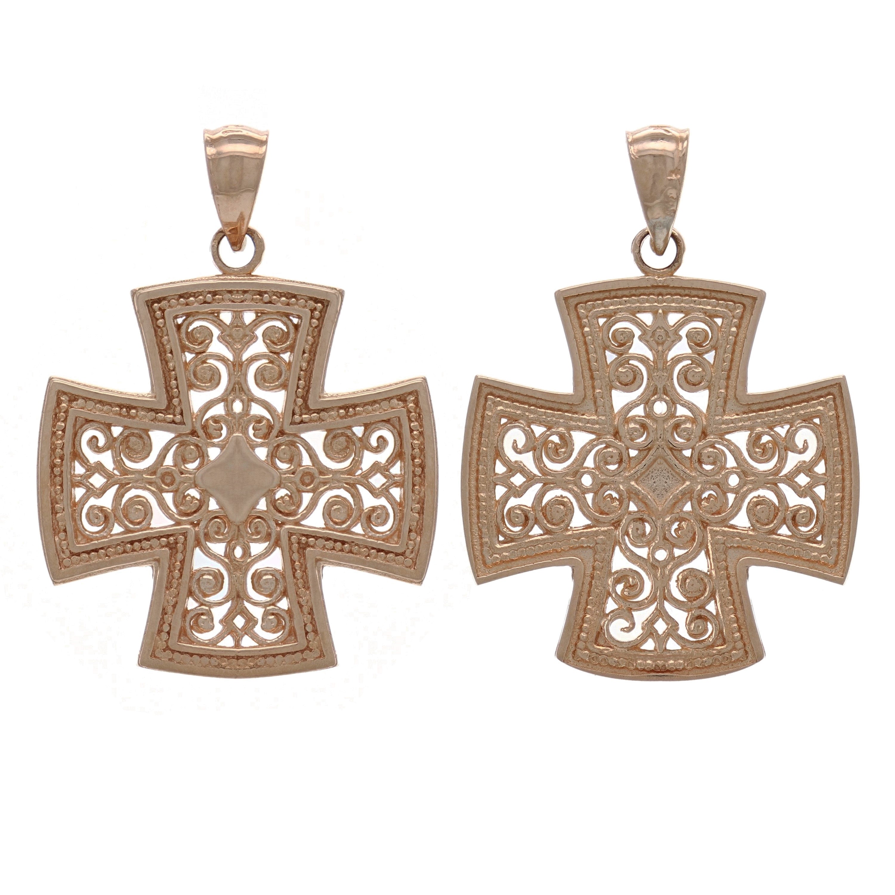 14k Rose Gold Filigree Religious Cross Pendant - Rose