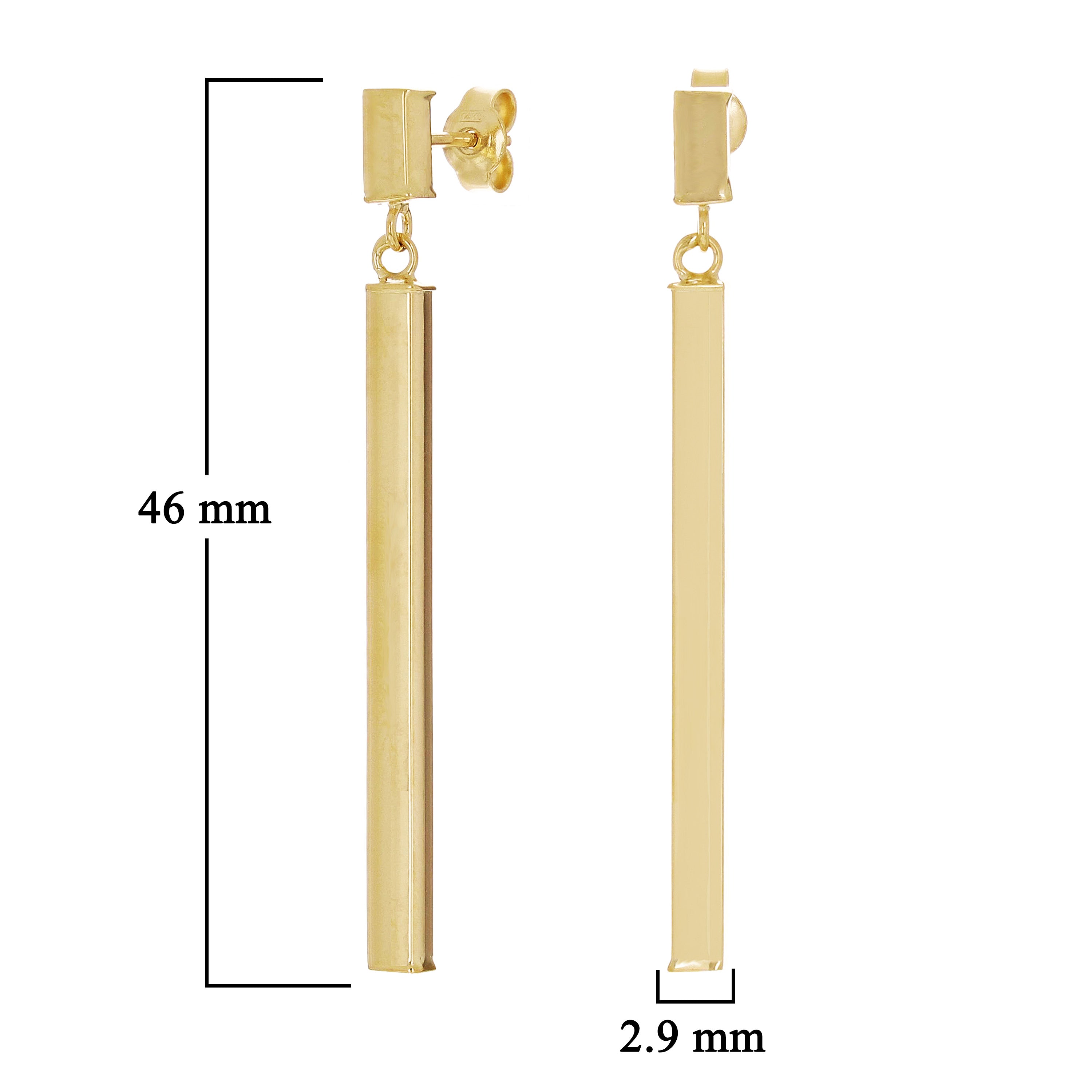 Italian 14k Yellow Gold Square Vertical Bar Dangle Drop Earrings 1.8" 2.1 grams