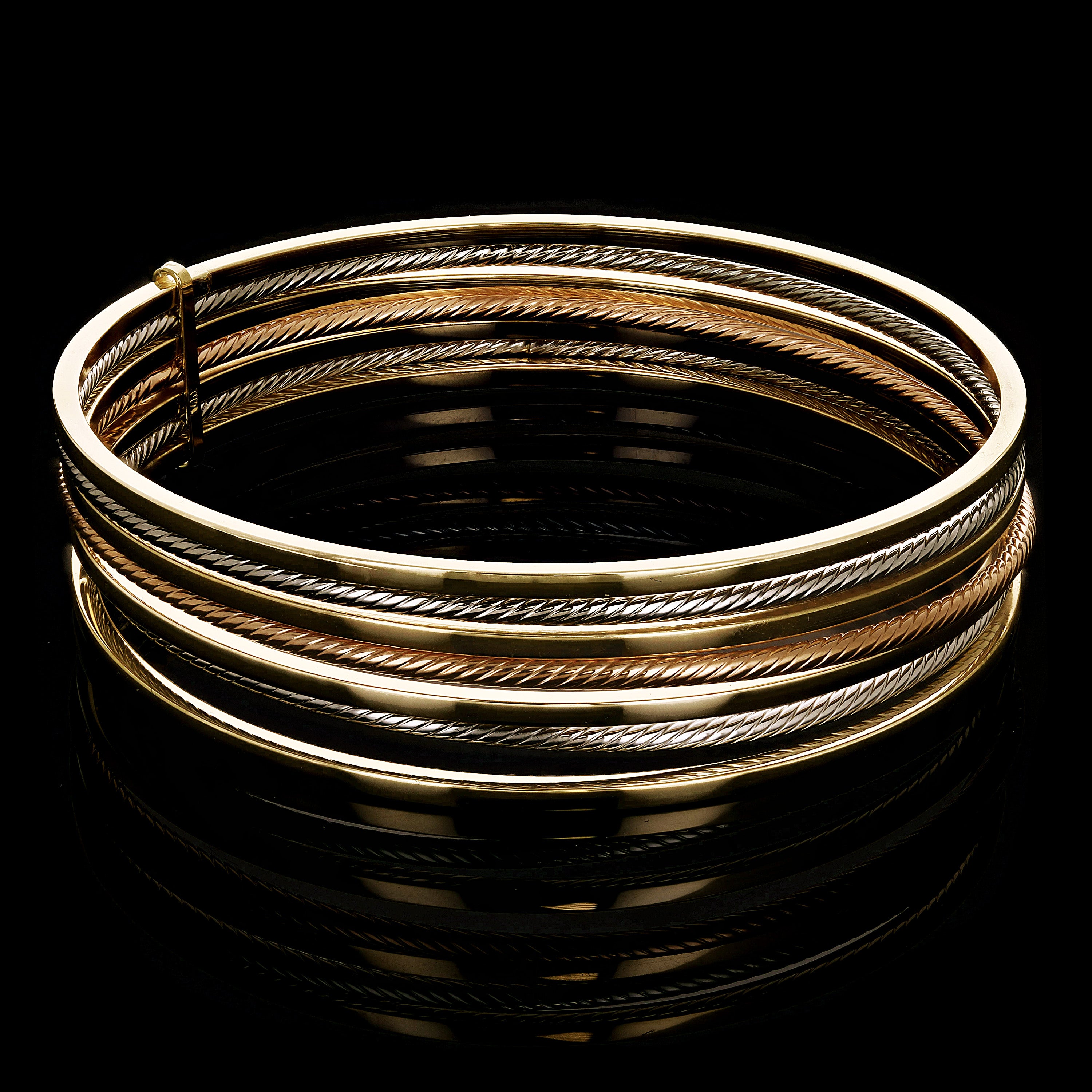 Italian 14k Tri-Color Gold Slip-on Set of 7 Textured 7 Day Bangle Bracelet 8" 14 grams