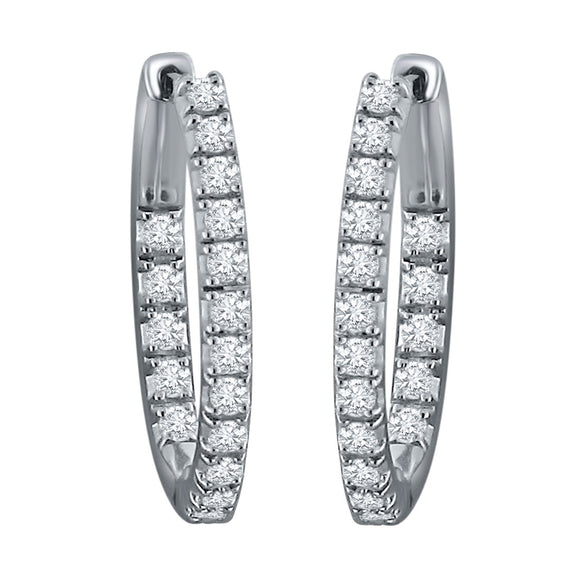 14k White Gold 0.75ctw Diamond Inside Out Oblong Oval Hoop Earrings