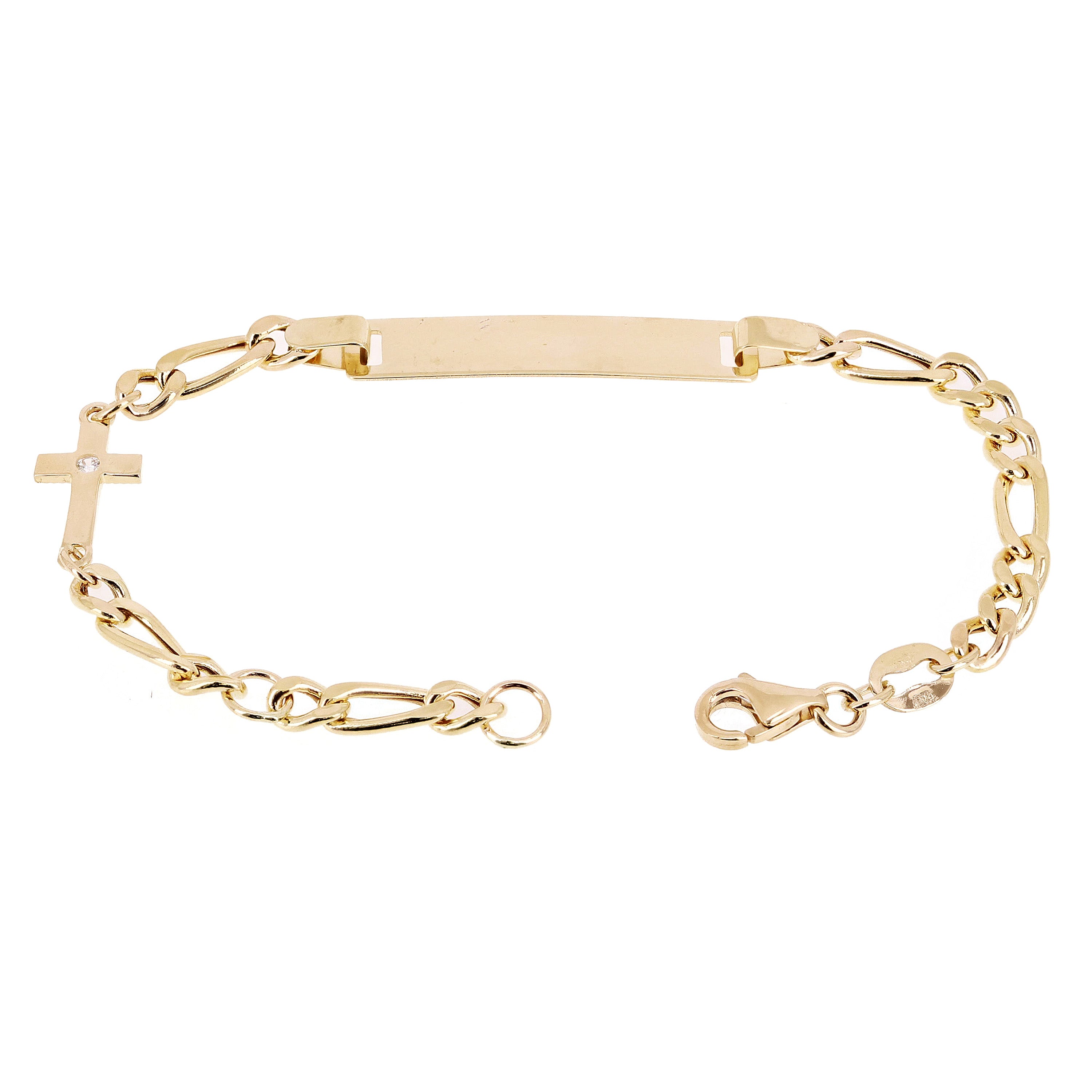 Italian 14k Yellow Gold Engravable Cross Baby Kids ID Figaro Bracelet 5.5" 2.6g