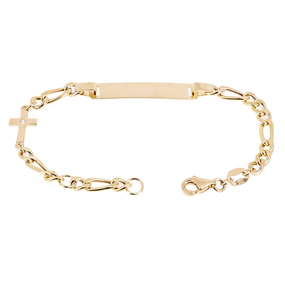 Italian 14k Yellow Gold Engravable Cross Baby Kids ID Figaro Bracelet 5.5