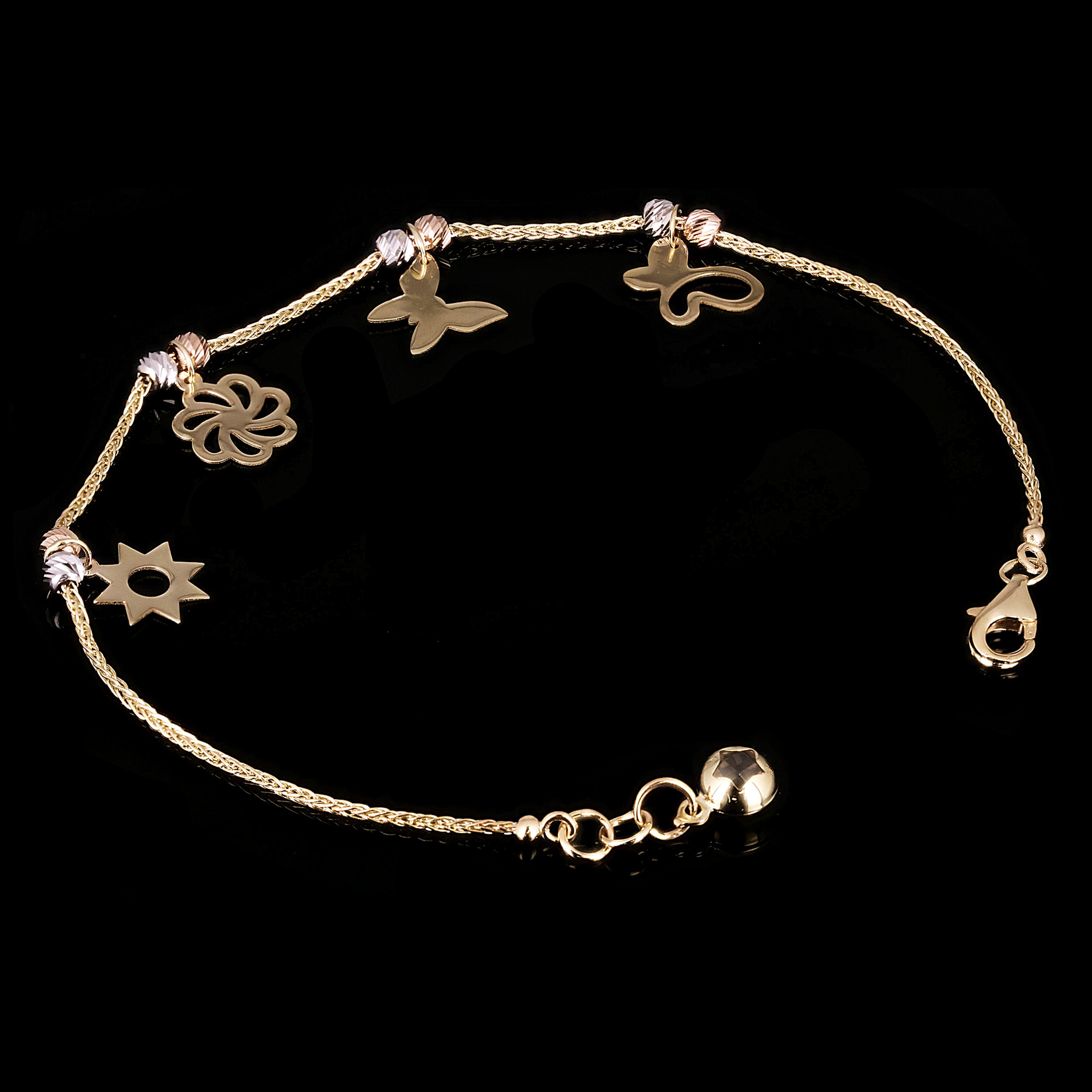 Italian 14k Tri Color Gold Flower Sun Butterfly Charm Bracelet 7" 2.8 grams