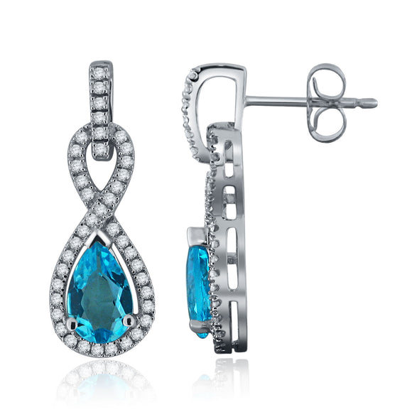 14k White Gold 0.40ctw Blue Topaz & Diamond Infinity Dangle Earrings