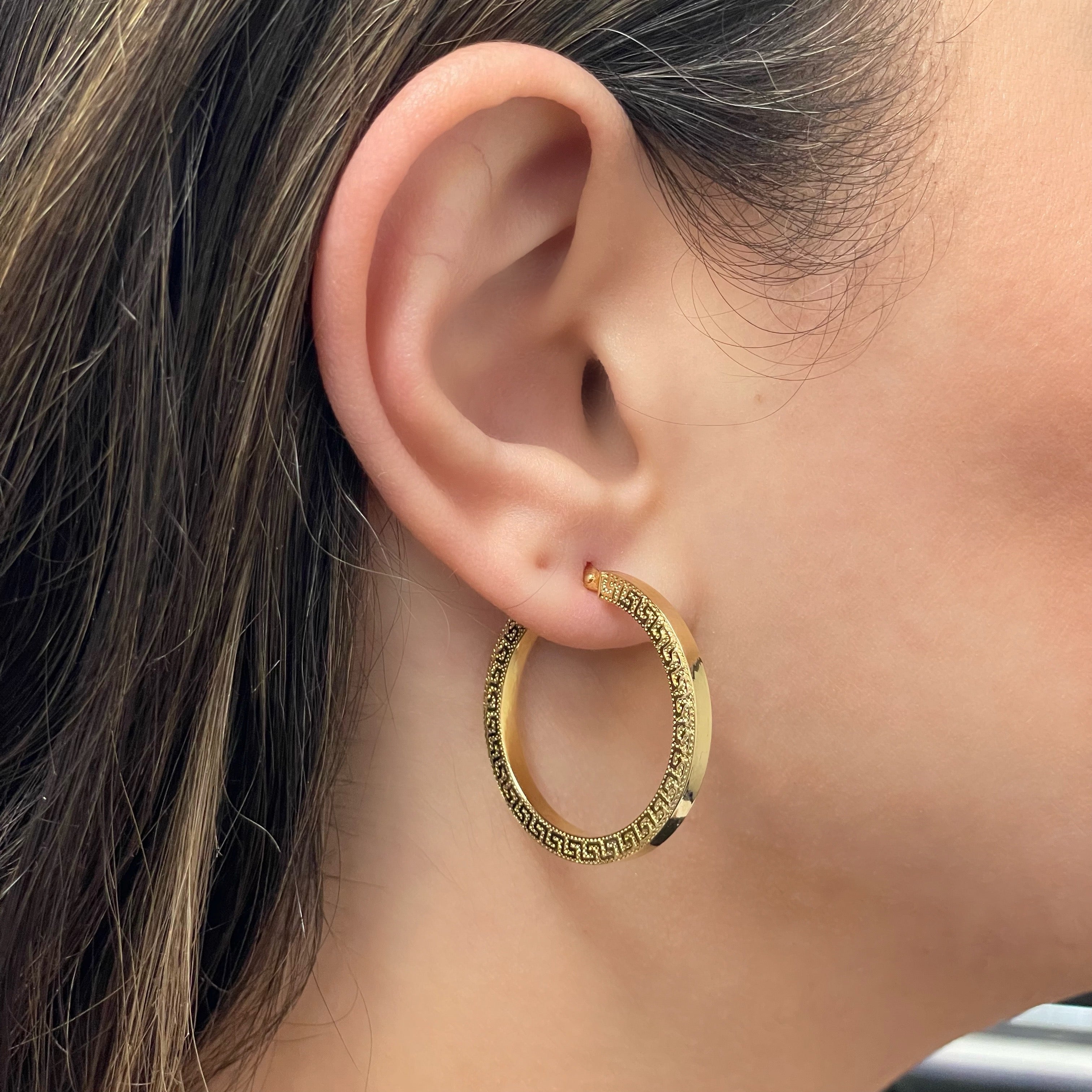 Italian 14k Yellow Gold Greek Key Hollow Hoop Earrings 1.3" 3mm 3 grams