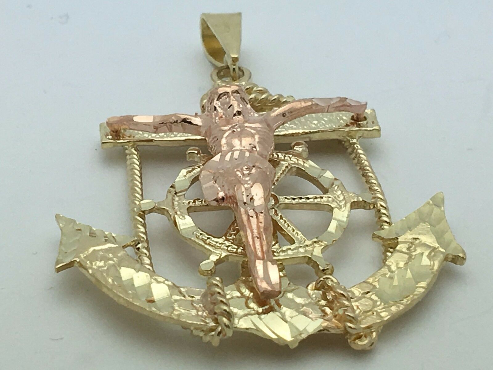 10k Two Tone Gold Solid Anchor Mariners with Jesus Crucifix Pendant 9.3 grams