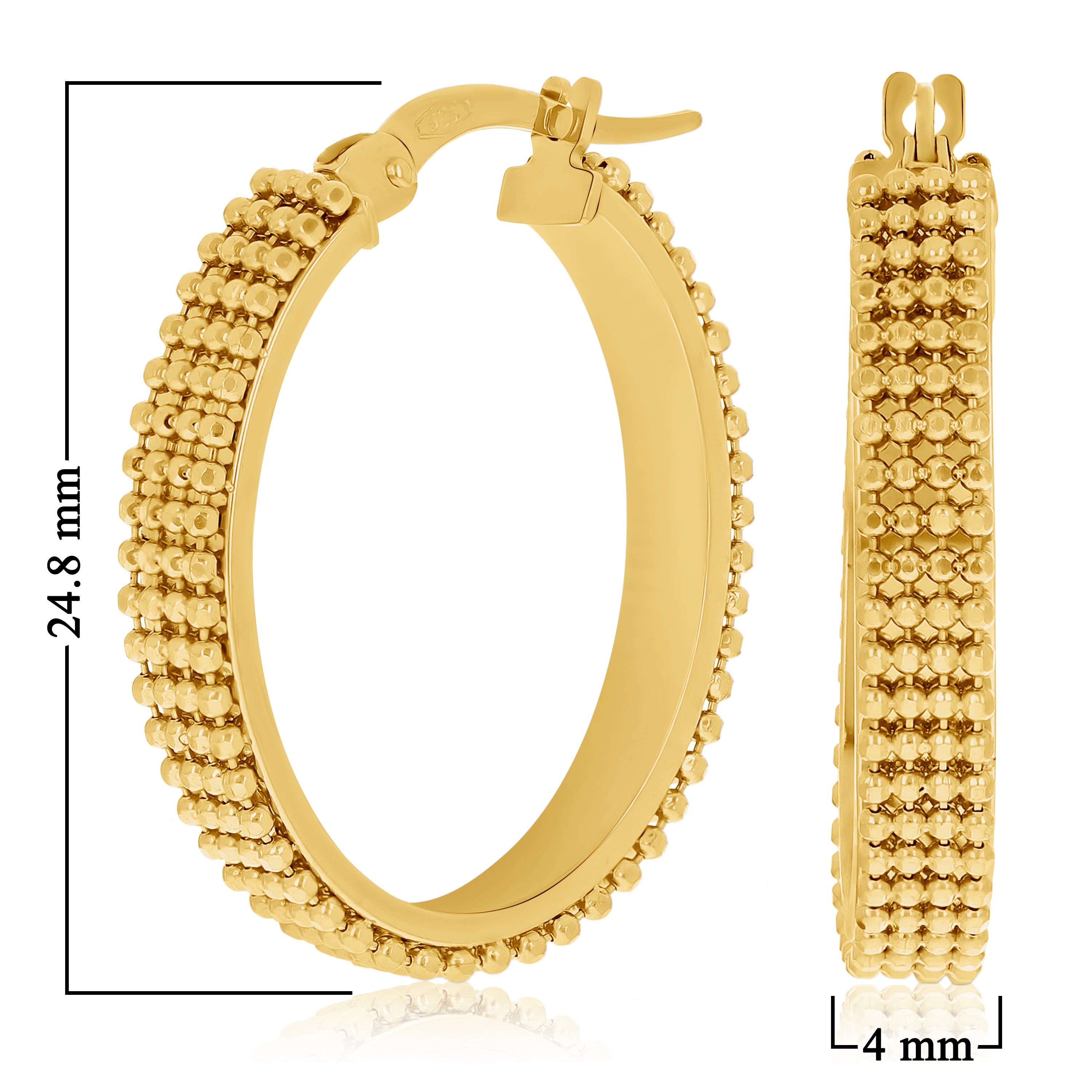 Italian 14k Yellow Gold Beaded Oval Hoop Earrings 1" 4mm 3.3 grams