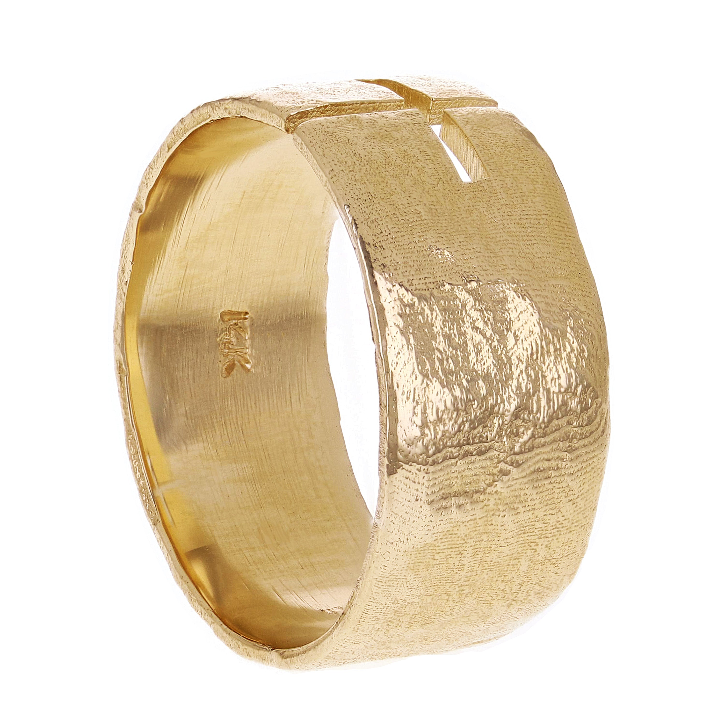 14k Yellow Gold Hammered Finish Open Front Cut-out Cross Ring Size 9 -9.3mm 7.8g