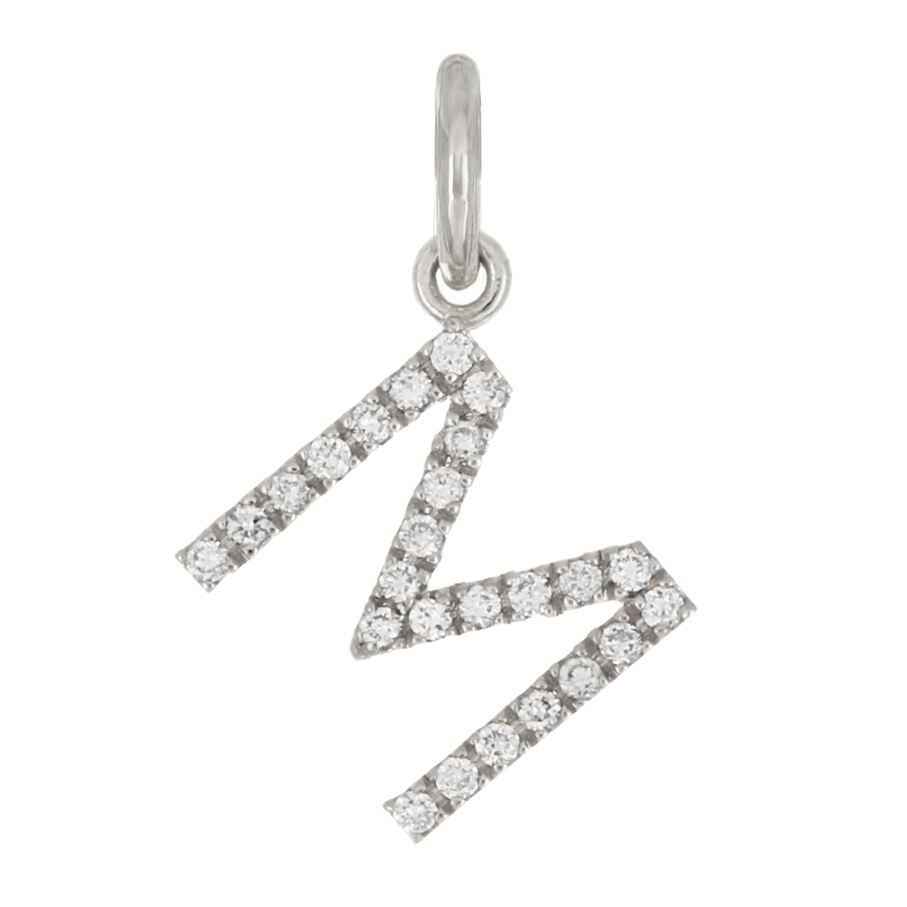14k White Gold Diamond Initial Letter M Charm Pendant - Letter M,White