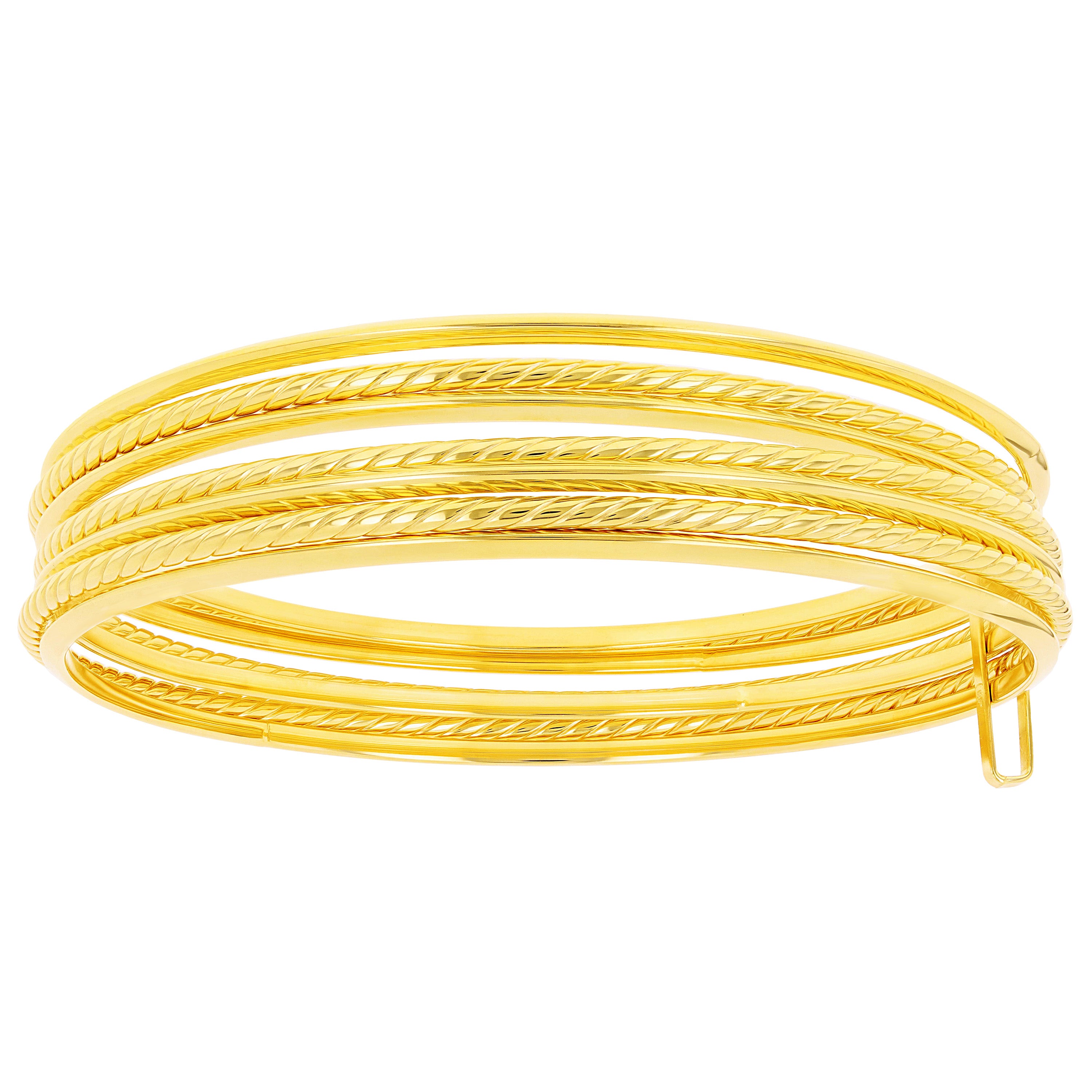 Italian 14k Yellow Gold Plain & Twisted 7 Days Bangle Bracelet Set 8" 13mm 10.8g