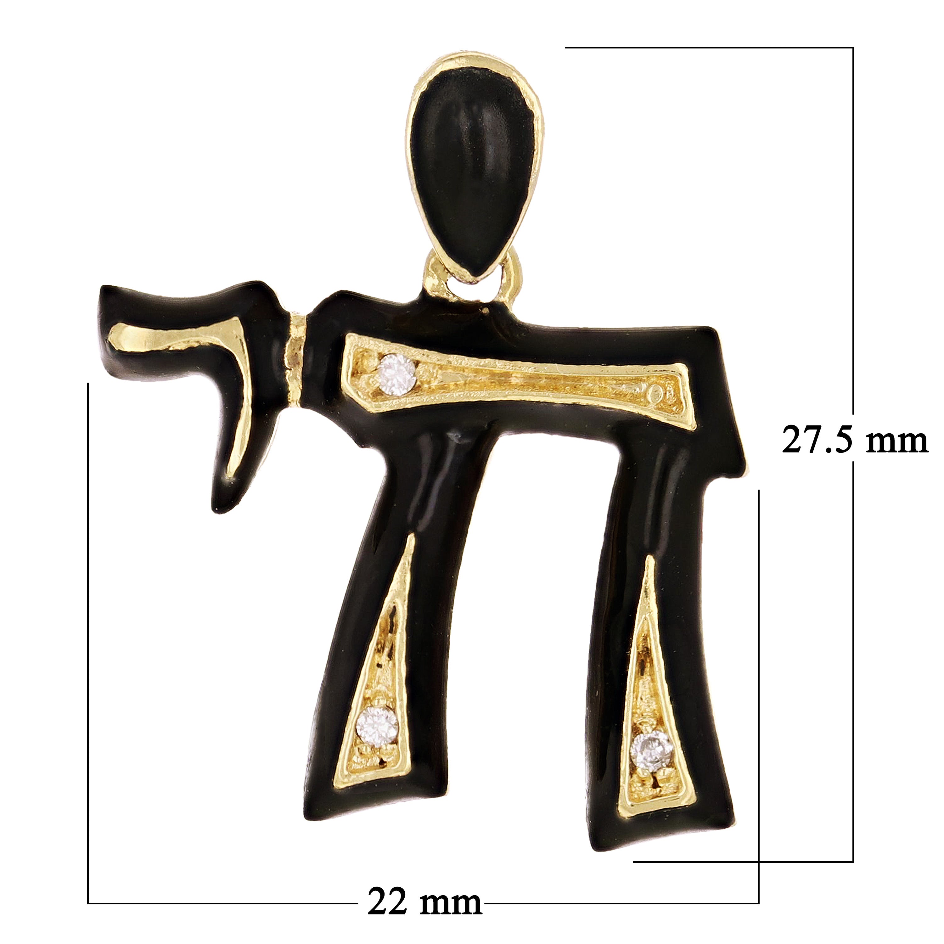 14k Yellow Gold Black Enamel Hebrew Jewish Chai Symbol Life Diamond Pendant - Black