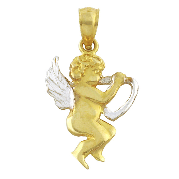 14k Yellow & White Gold Angel Playing Harp Pendant 23mm x 15mm 1.6 grams