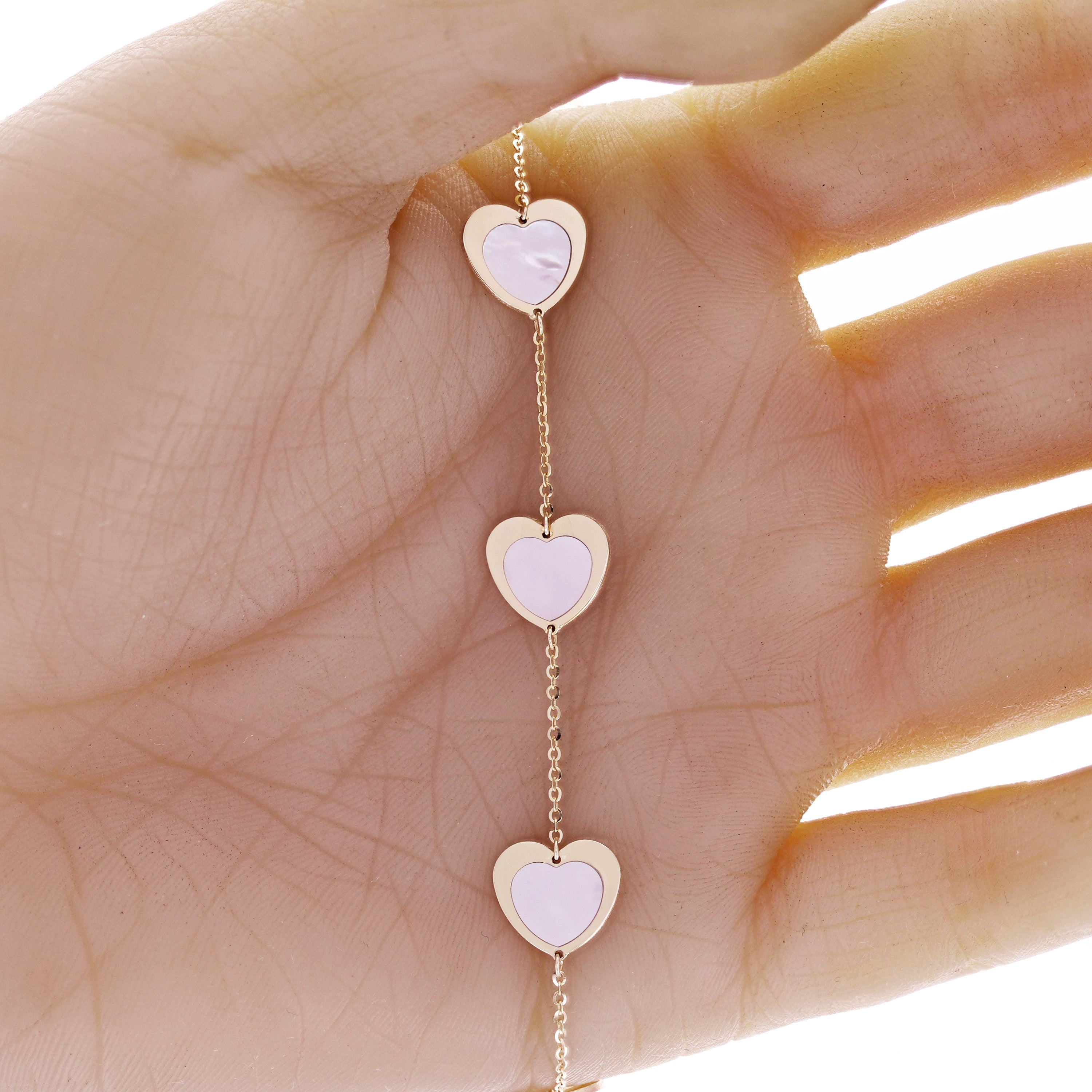 Italian 14k Yellow Gold Pearl Heart Charm Station Bracelet 7.5" 11mm 3 grams