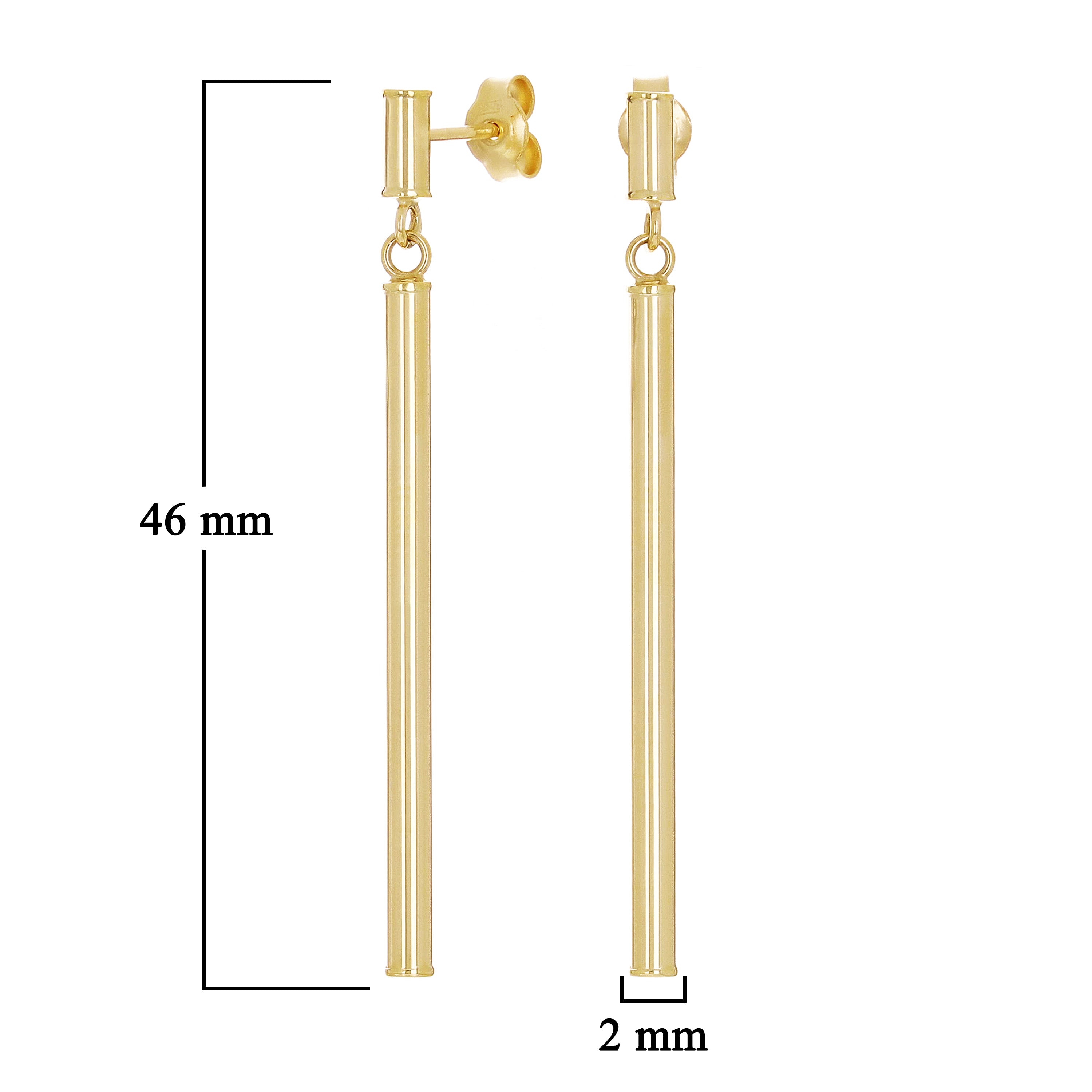 Italian 14k Yellow Gold Tube Vertical Bar Dangle Drop Earrings 1.8" 2mm 1.4grams