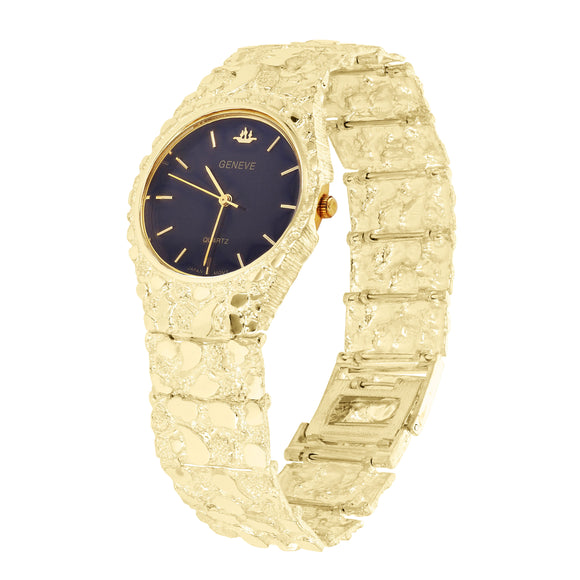 10k Yellow Gold Nugget Link Geneve Wrist Watch Straight Band Adj.8-8.5