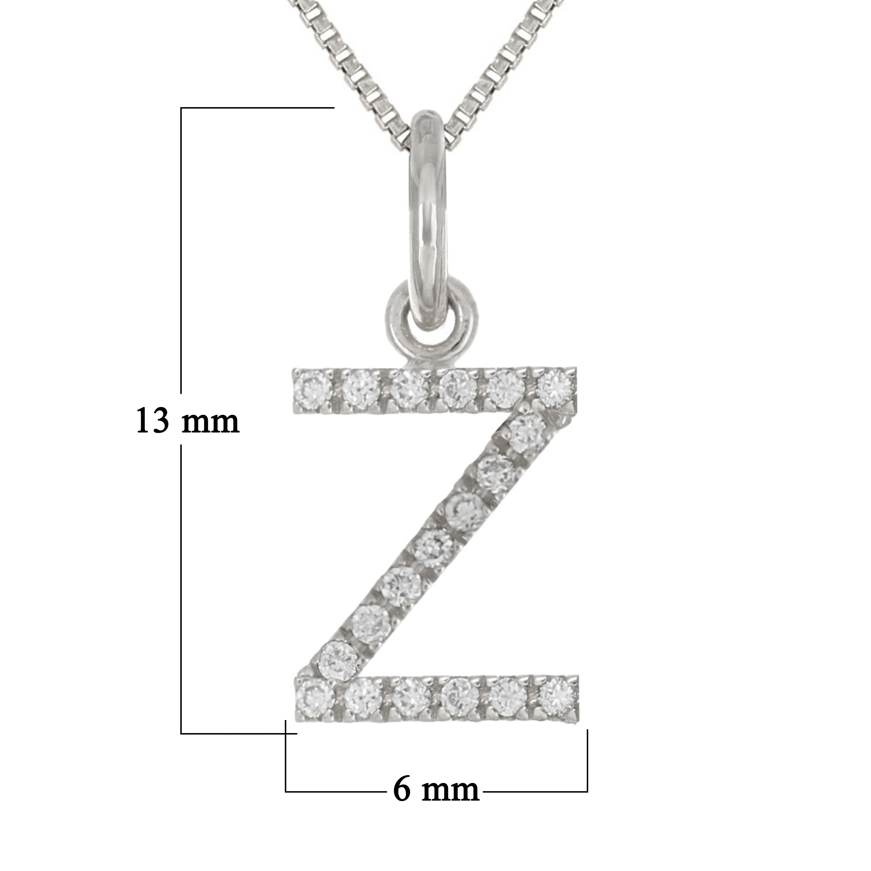 14k White Gold Diamond Initial Letter Z Charm Pendant Necklace 18" - Letter Z,White