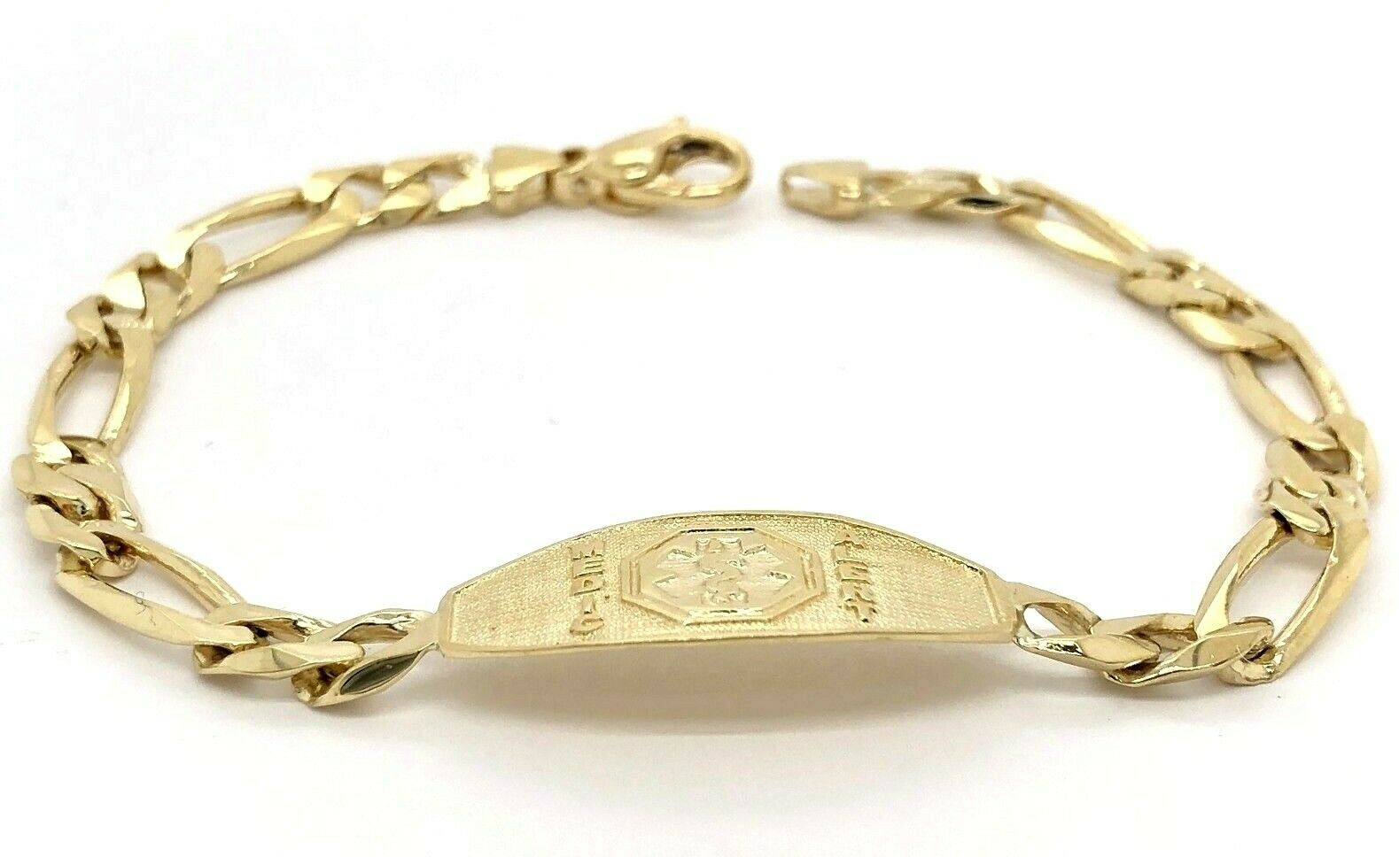 14k Yellow Gold Figaro Link Chain Medical Alert ID Bracelet 7" 13.5mm 13.5 grams - 7"