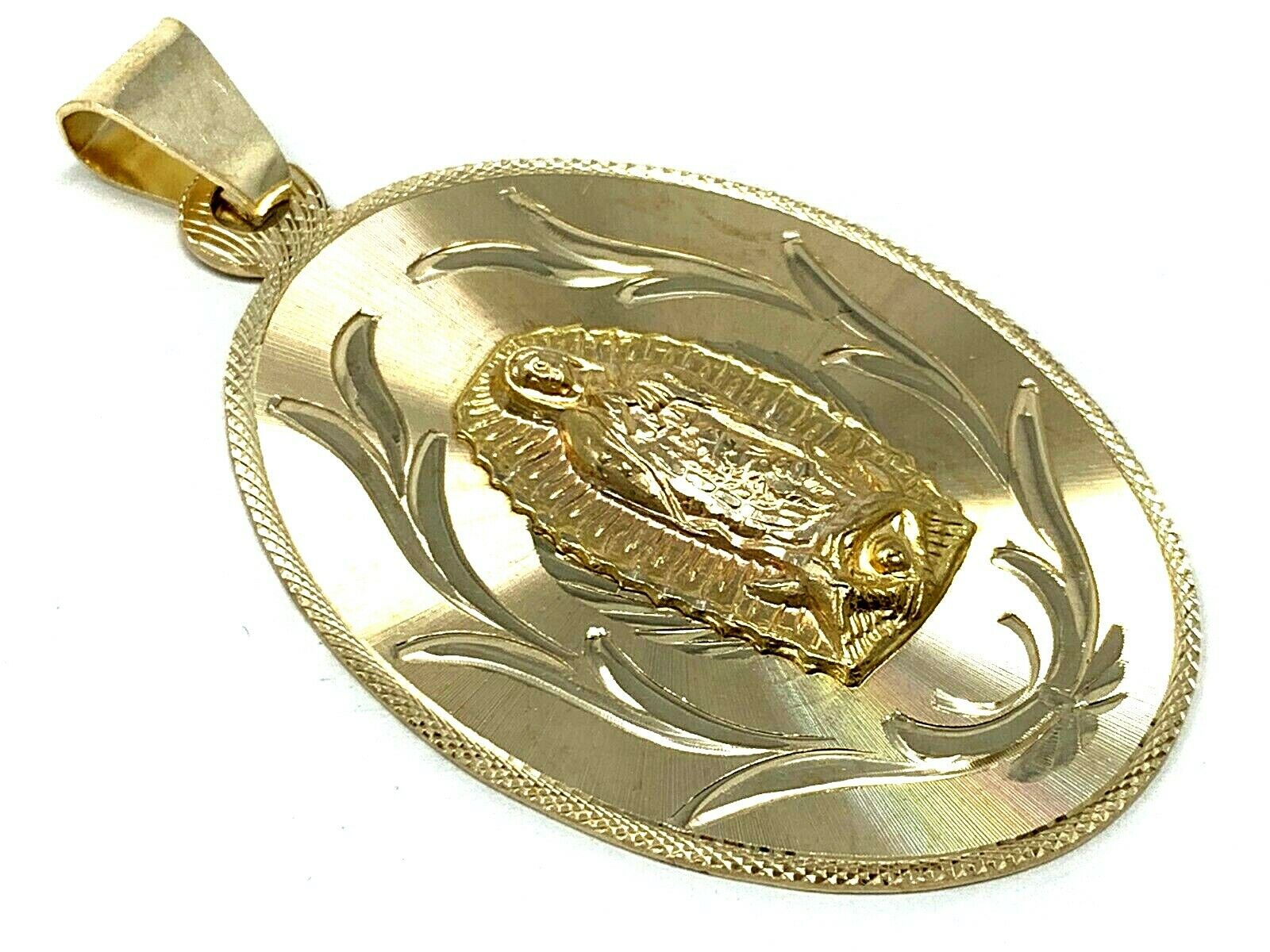14K Yellow Gold Virgin Mary Guadalupe Pendant Medal Charm 2.2" 10.6 grams