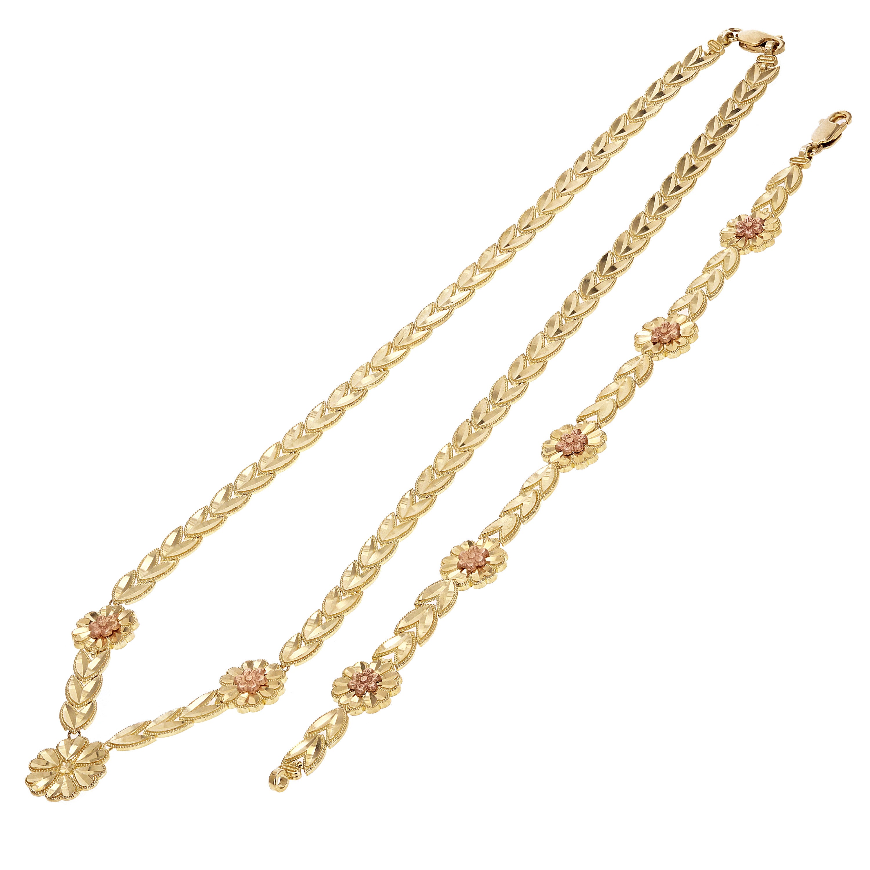 14k Two-Tone Gold V Shape Leaf Link & Flowers 17" Necklace & 7.5" Bracelet Set