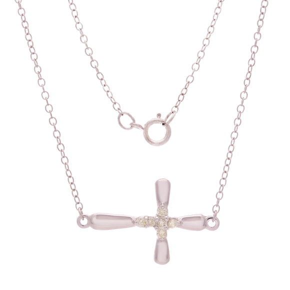 14k White Gold 0.07ctw Diamond Bright Polished Sideways Cross Pendant Necklace