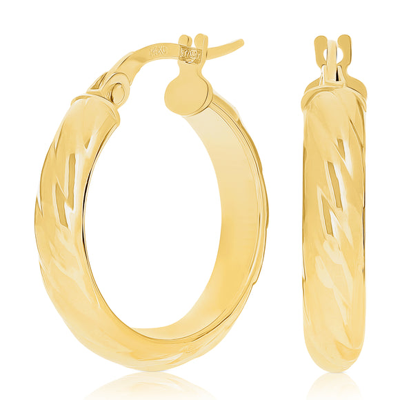 Italian 14k Yellow Gold Rope Design Small Wide Hollow Hoop Earrings