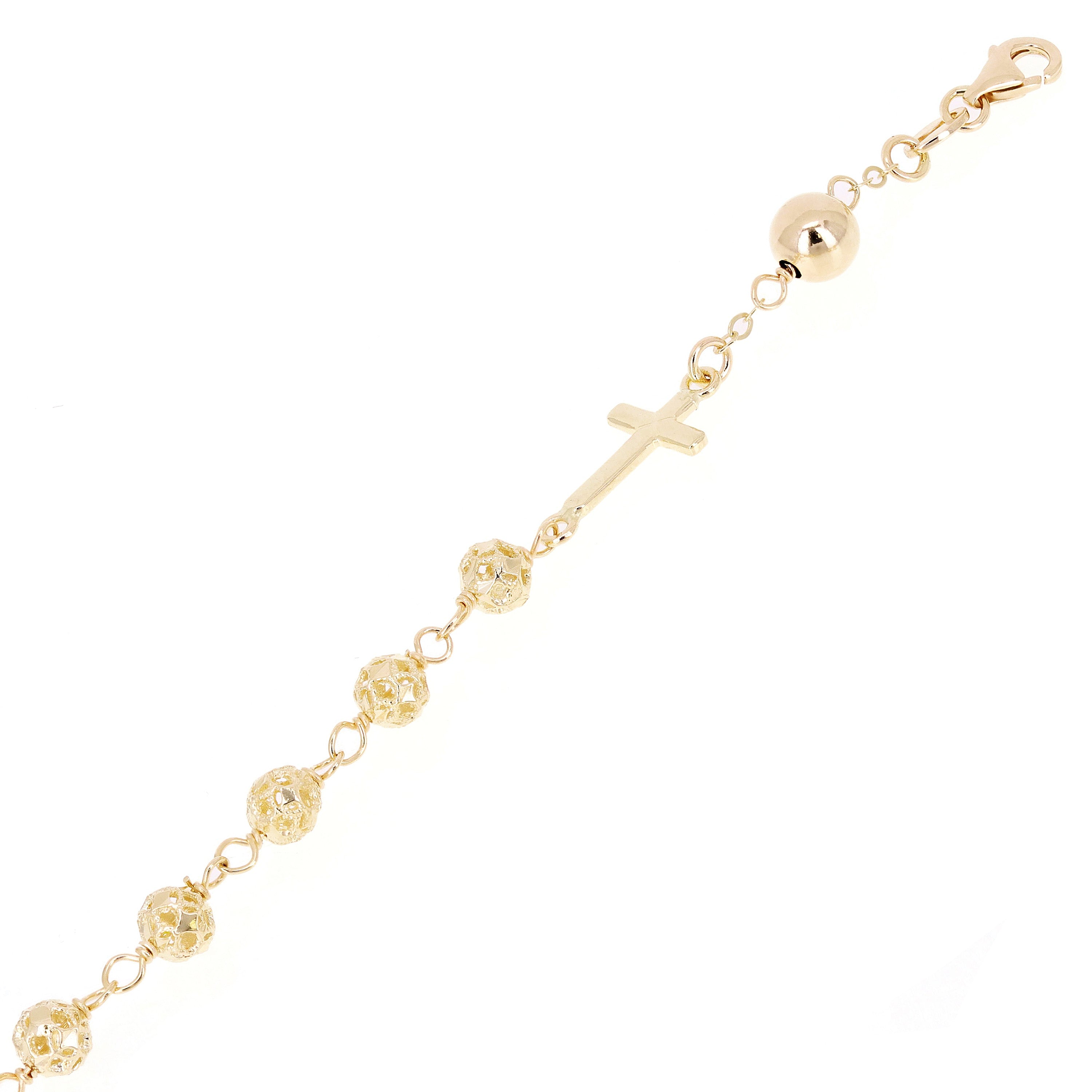Italian 14k Yellow Gold Diamond-Cut Beaded Rosary Bracelet 5mm 7.5" 6.6 grams