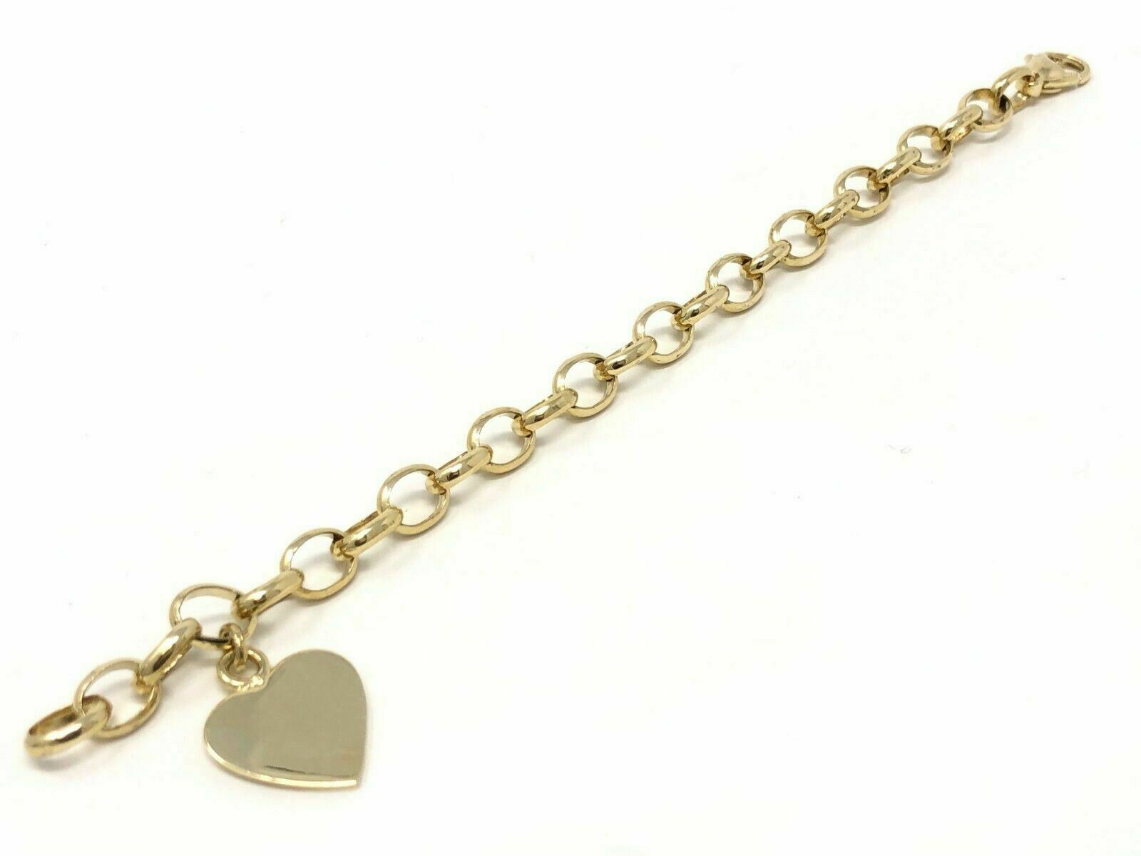 14k Yellow Gold Rolo Link  Heart Charm Bracelet 7.75" 16.5 grams
