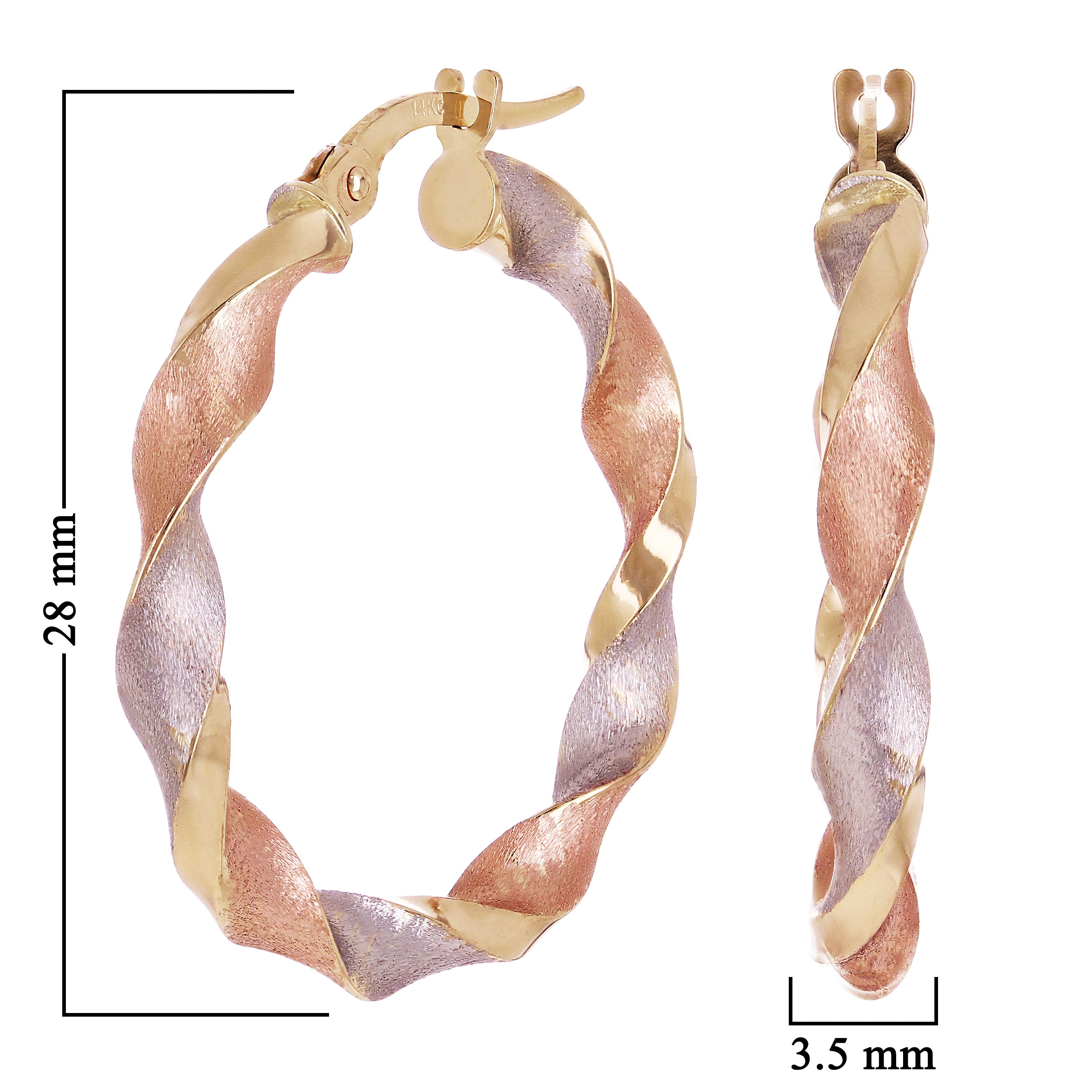 Italian 14k Tri-Color Gold Satin Twisted Hoop Earrings 1.1" 3.5mm 2.3 grams