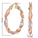 Italian 14k Tri-Color Gold Satin Twisted Hoop Earrings 1.1" 3.5mm 2.3 grams