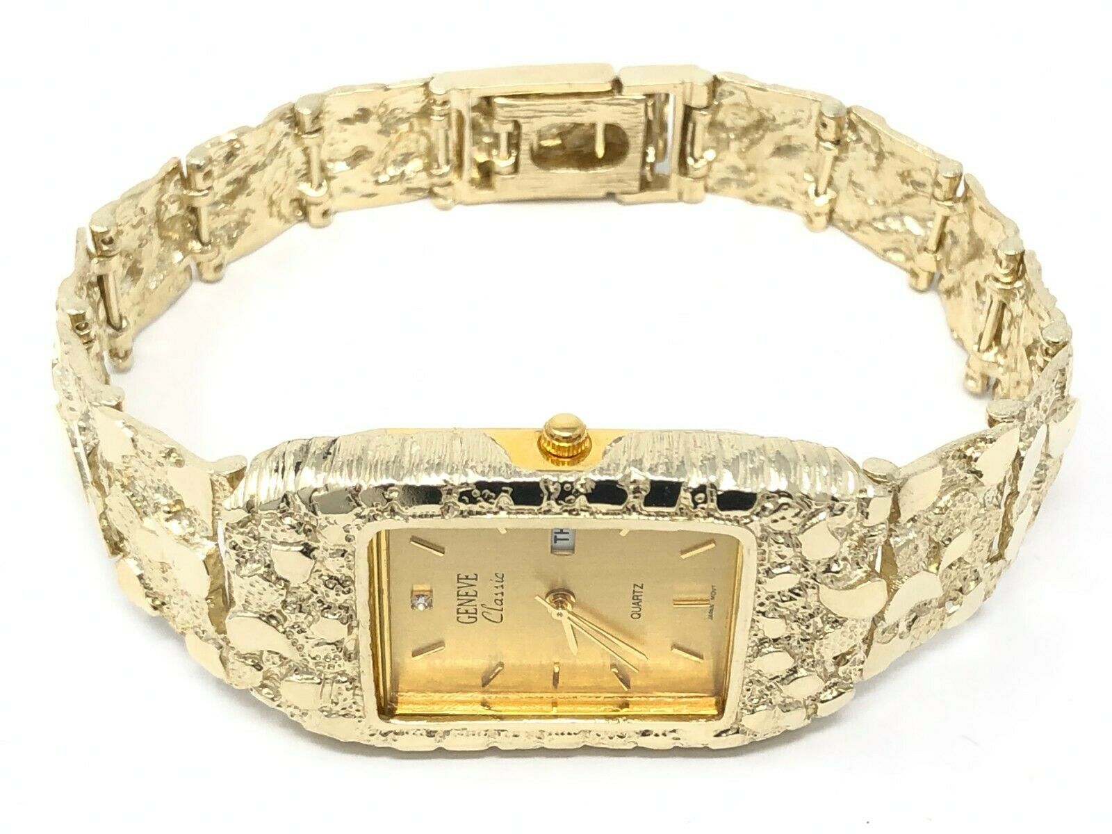 10k Yellow Gold Nugget Bracelet Link Wrist Watch Geneve with diamond 7.75" 55g