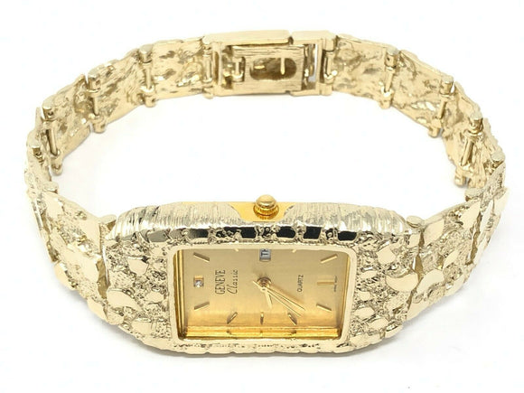 14k Yellow Gold Nugget Link Wrist Watch Bracelet Geneve with Diamond 8