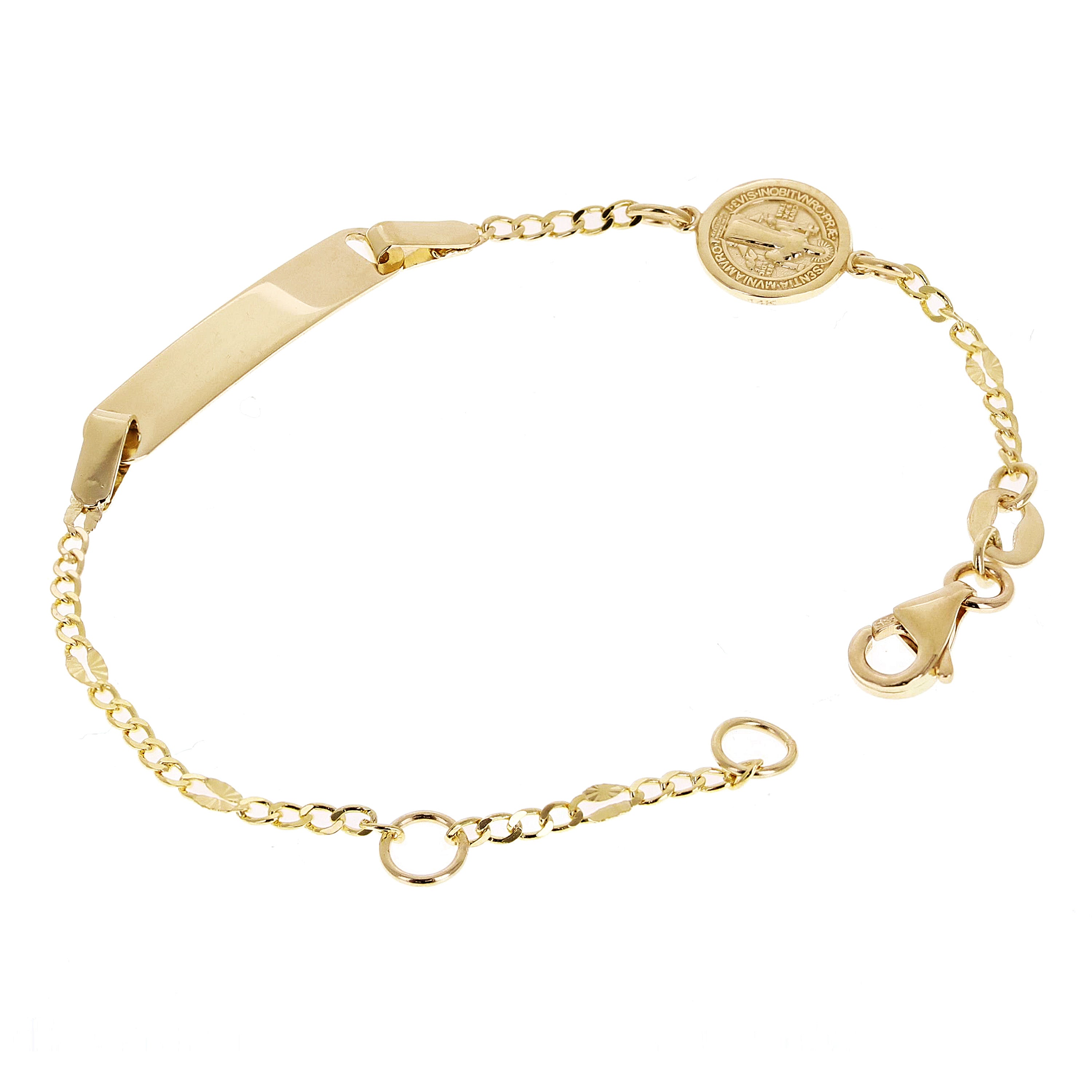 Italian 14k Yellow Gold Engravable St. Benedict Charm Baby ID Bracelet 5.5" 2g