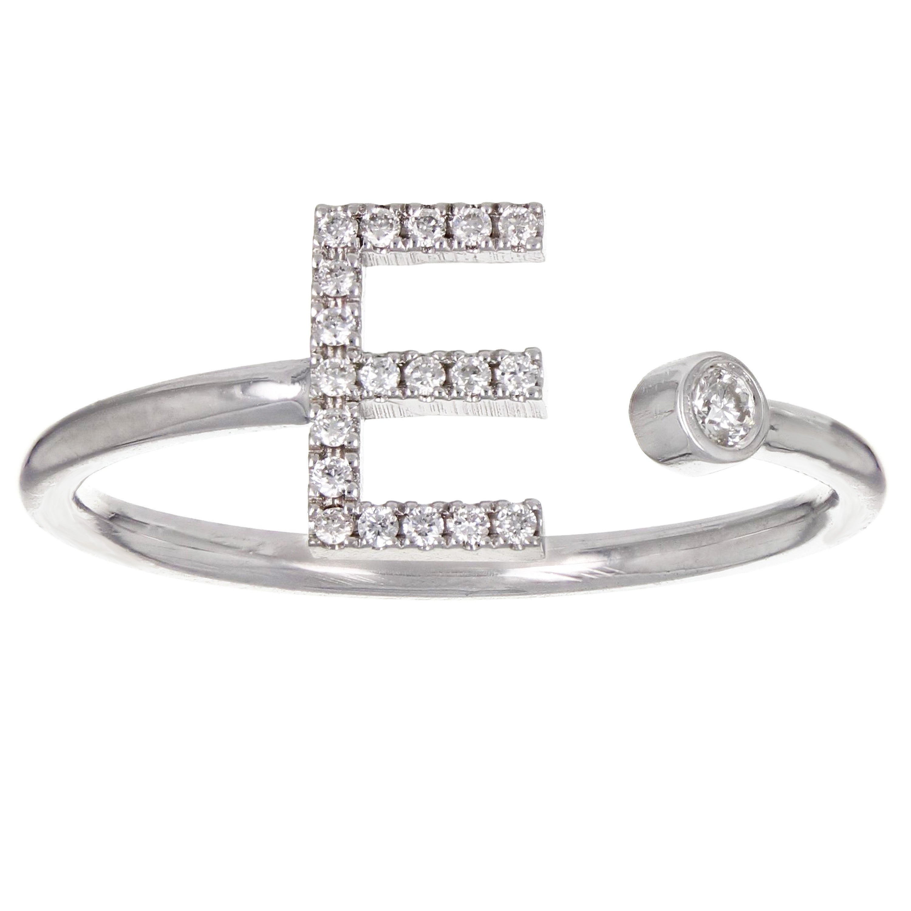 14k White Gold Diamond Initial Letter E Ring Size 6 - Letter E,White