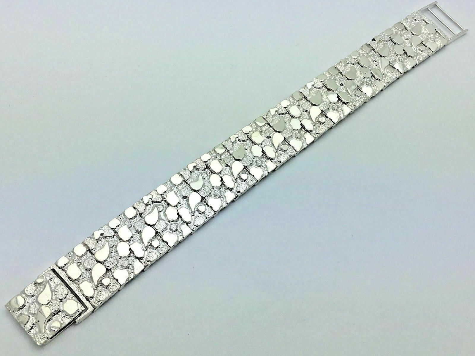 925 Sterling Silver Solid Nugget Bracelet Adjustable 7" 21.5mm 44 grams