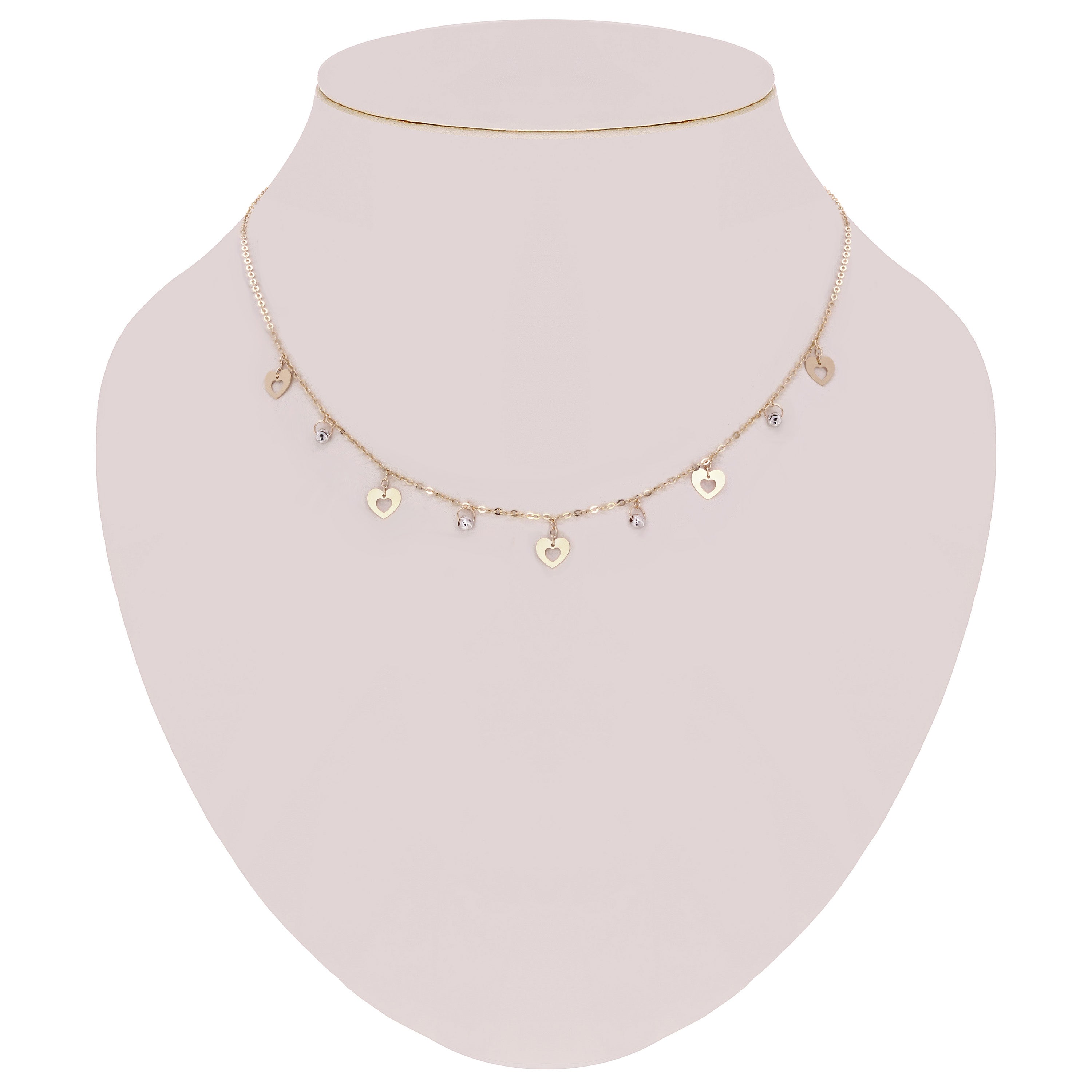 Italian 14k Two Tone Gold Ball Bead & Heart Charm Necklace 16.5" 2.1 grams